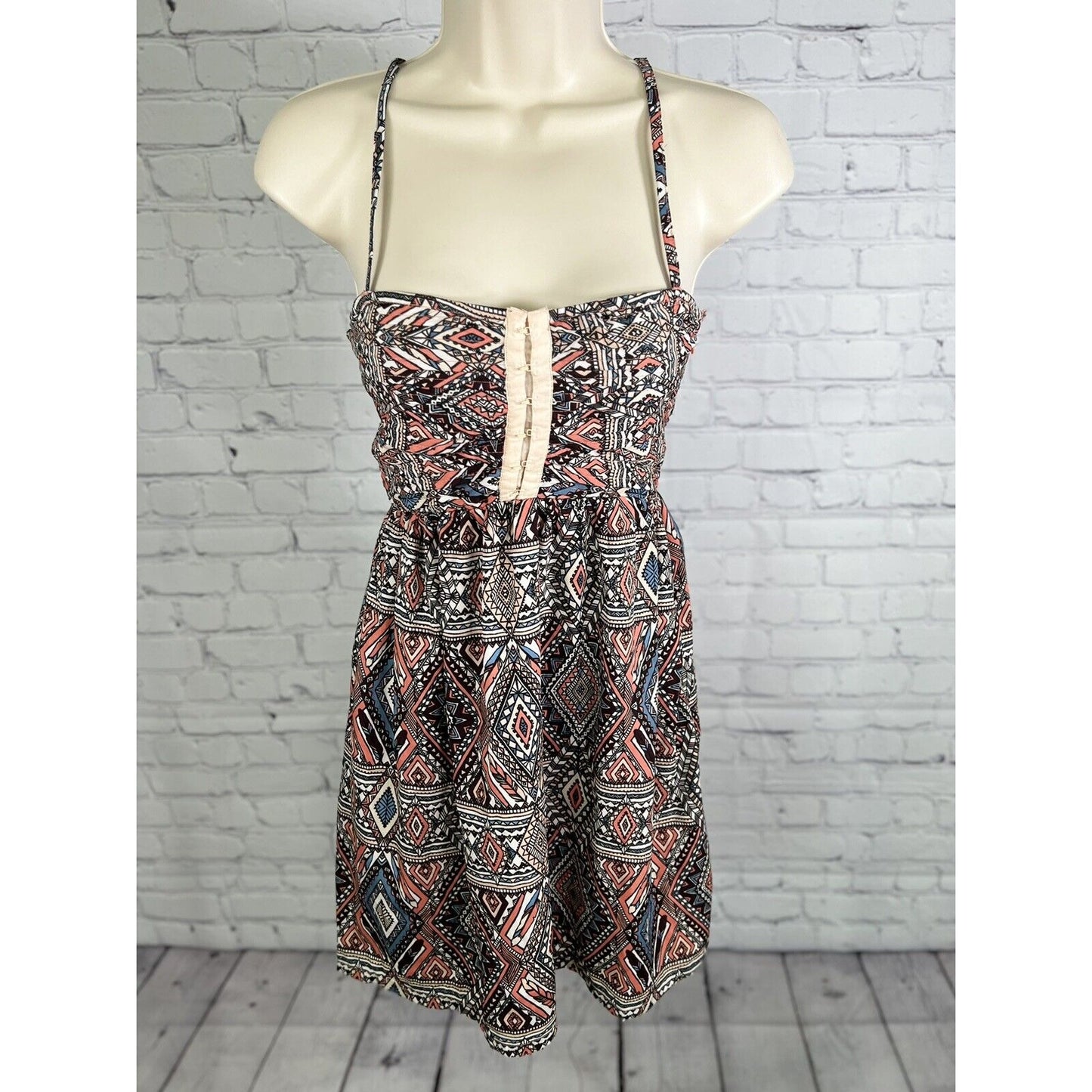 BILLABONG Coral Black Geometric Hook & Eye Detail Spaghetti Strap Mini Sun Dress