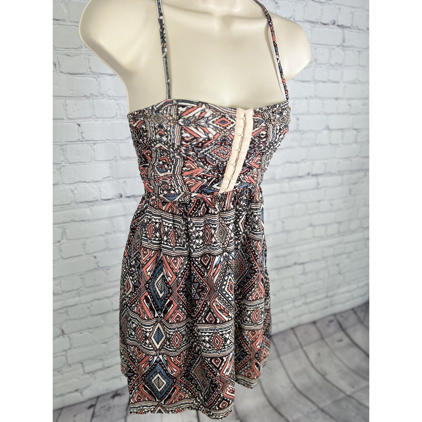 BILLABONG Coral Black Geometric Hook & Eye Detail Spaghetti Strap Mini Sun Dress