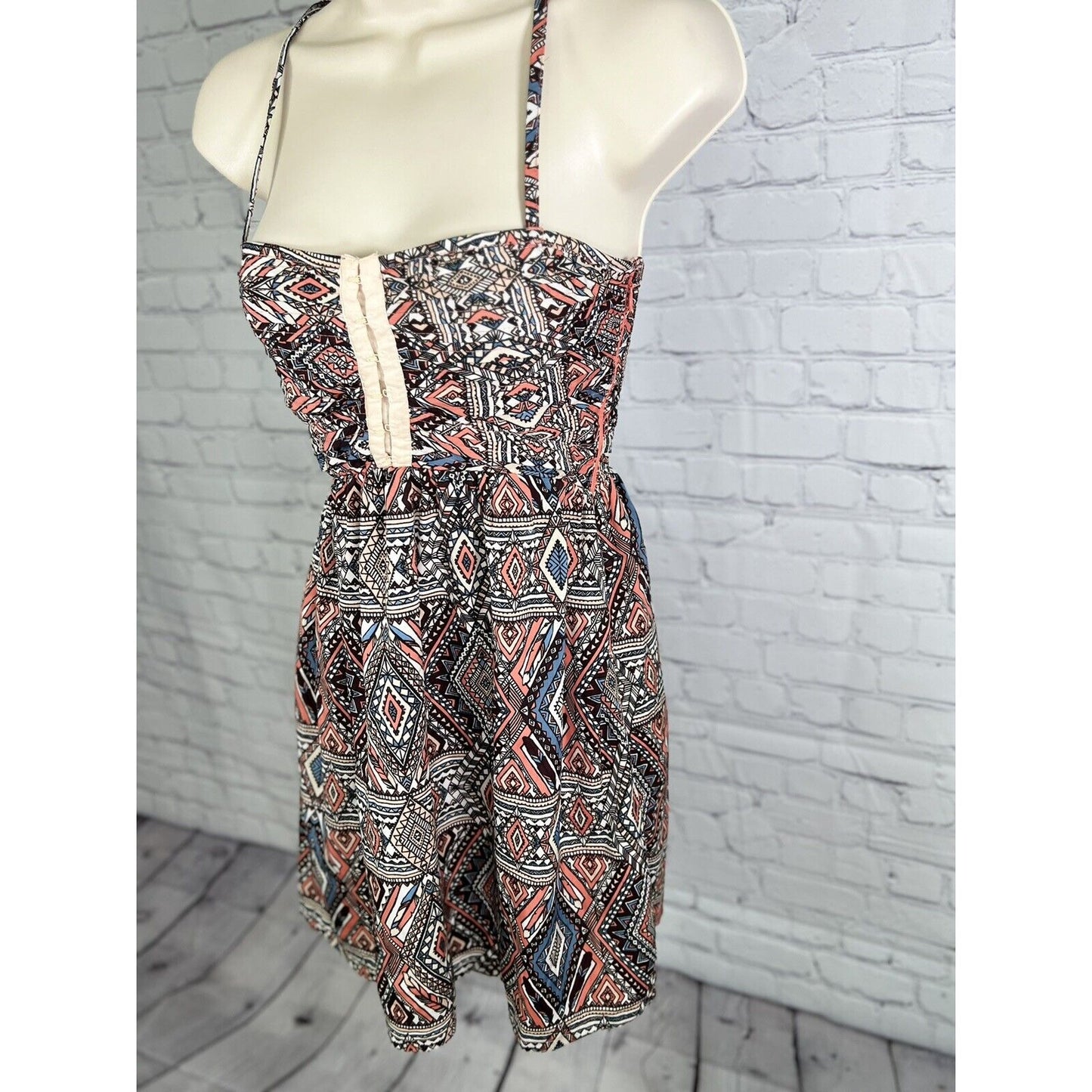 BILLABONG Coral Black Geometric Hook & Eye Detail Spaghetti Strap Mini Sun Dress