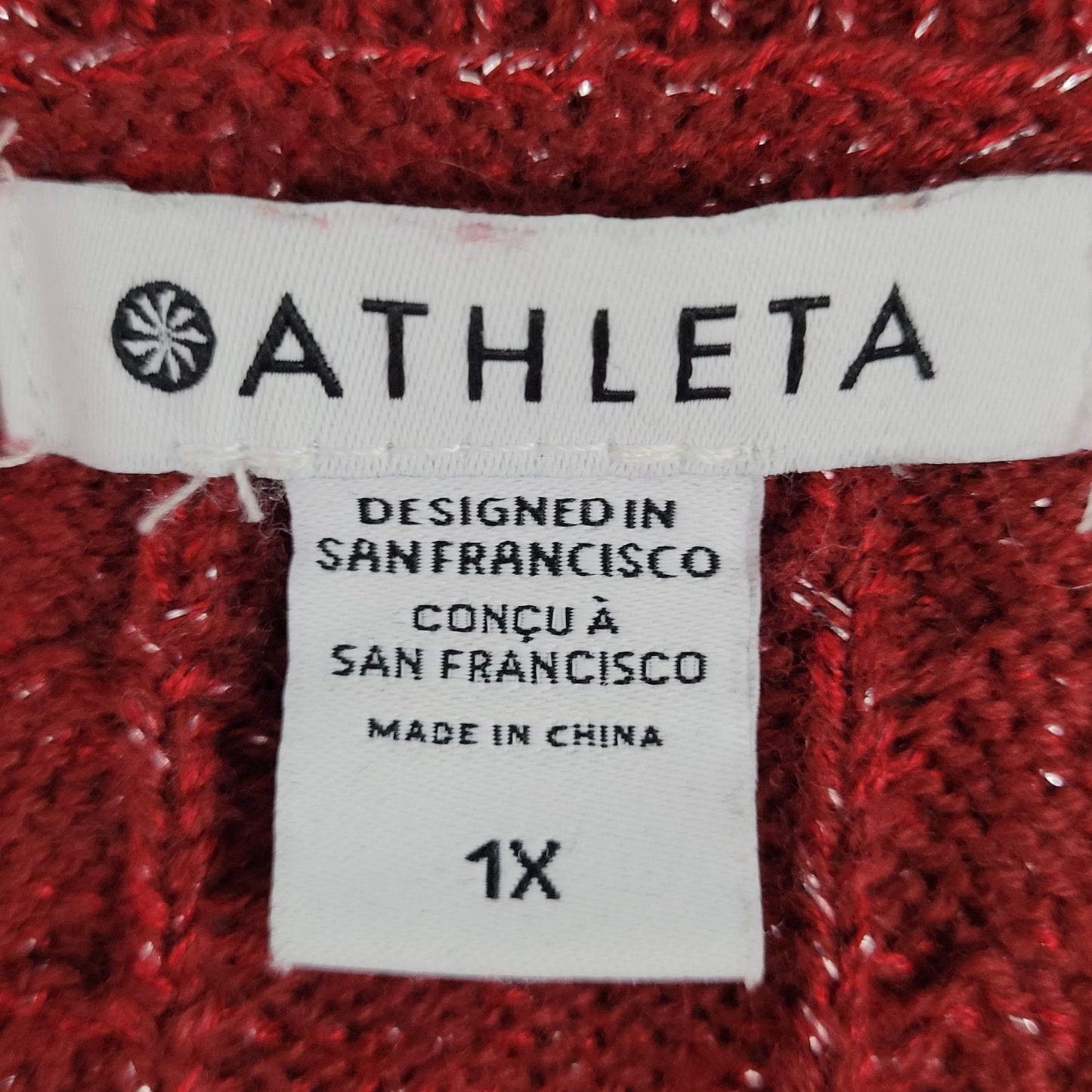 Athleta Red Merino Wool Blend Metallic Glitter Pullover Sweater Size 1X