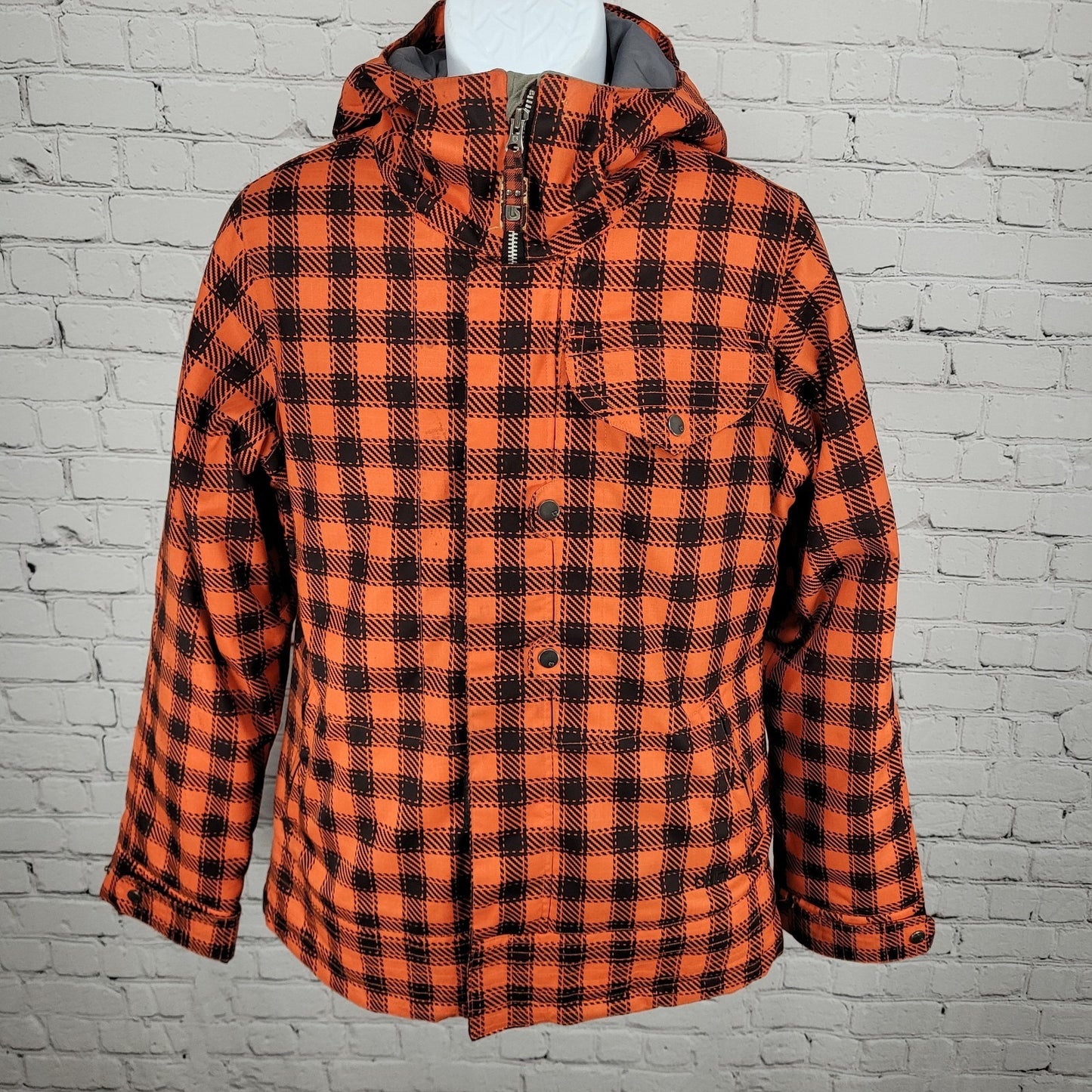 Burton DryRide Orange Check Hooded Insulated Full Zip Snowboard Jacket Medium M