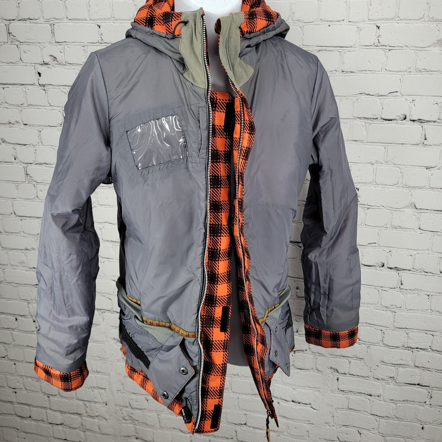 Burton DryRide Orange Check Hooded Insulated Full Zip Snowboard Jacket Medium M