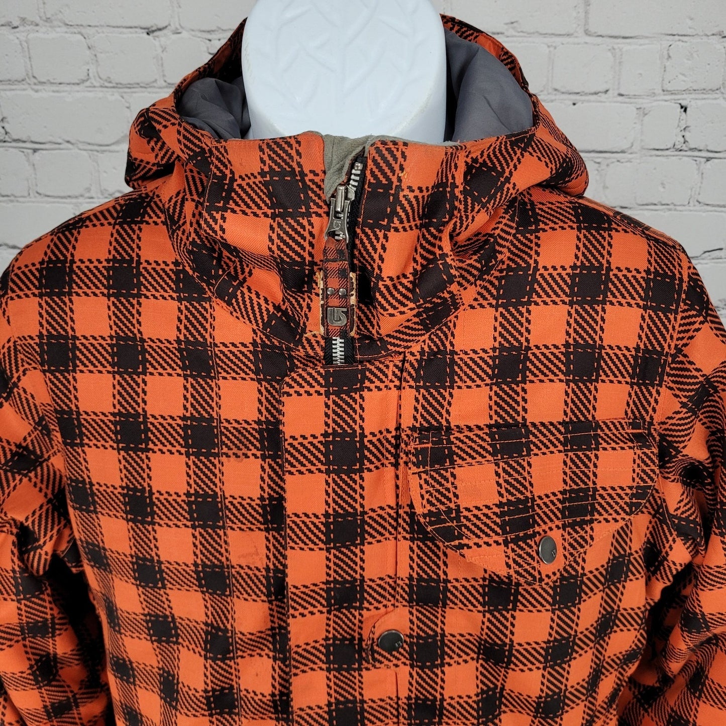 Burton DryRide Orange Check Hooded Insulated Full Zip Snowboard Jacket Medium M