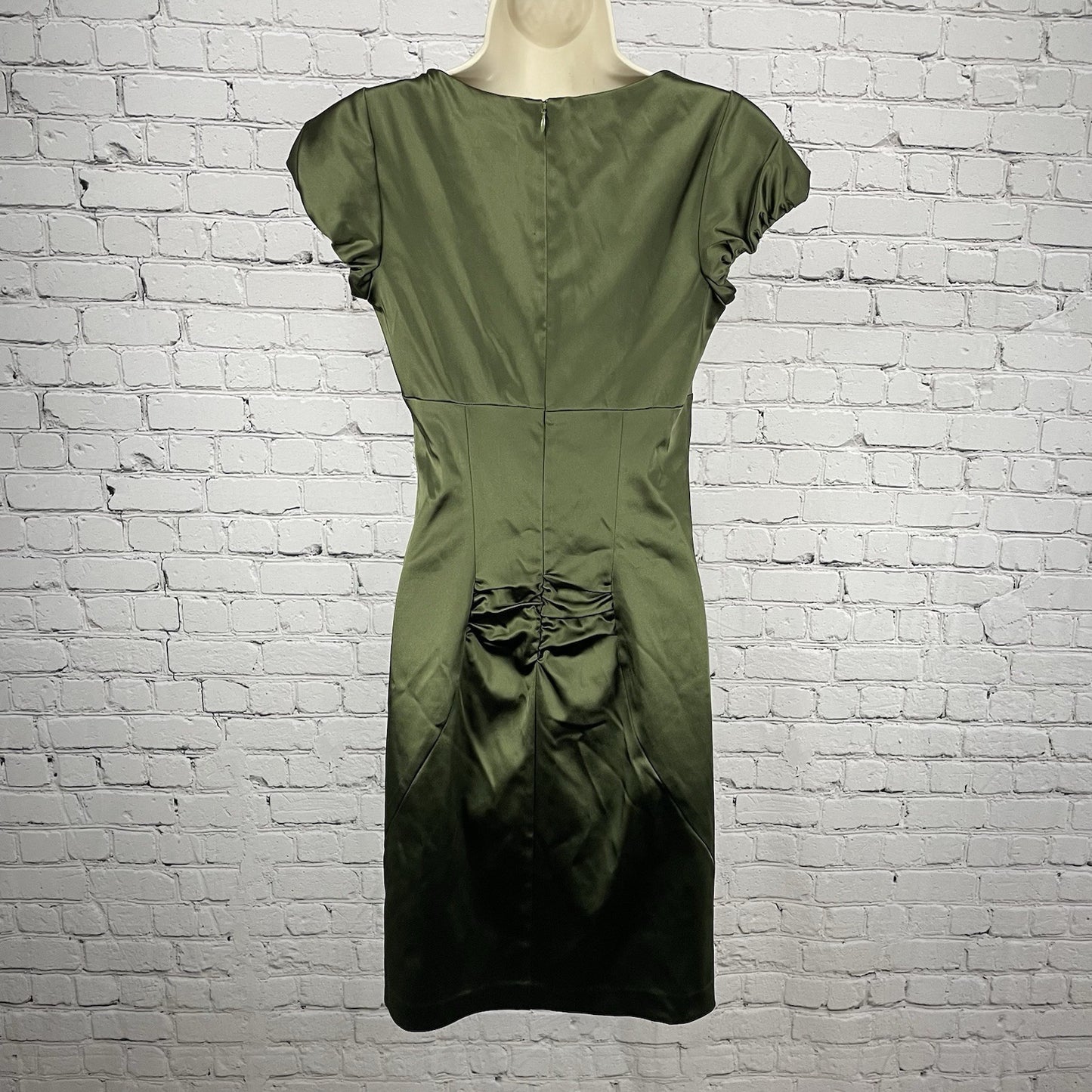 VTG Nicole Miller Green Satin Ruched Zipped Lined Pencil Dress USA Made Size 6