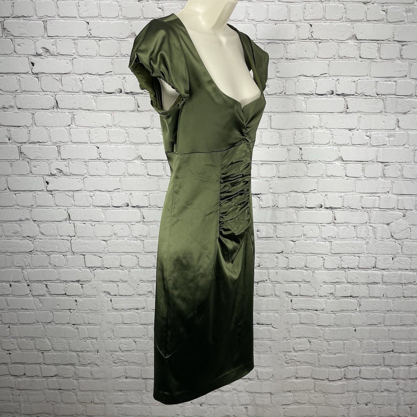 VTG Nicole Miller Green Satin Ruched Zipped Lined Pencil Dress USA Made Size 6