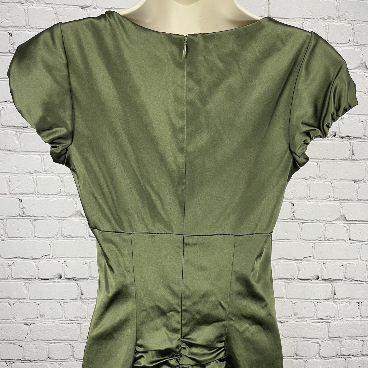 VTG Nicole Miller Green Satin Ruched Zipped Lined Pencil Dress USA Made Size 6
