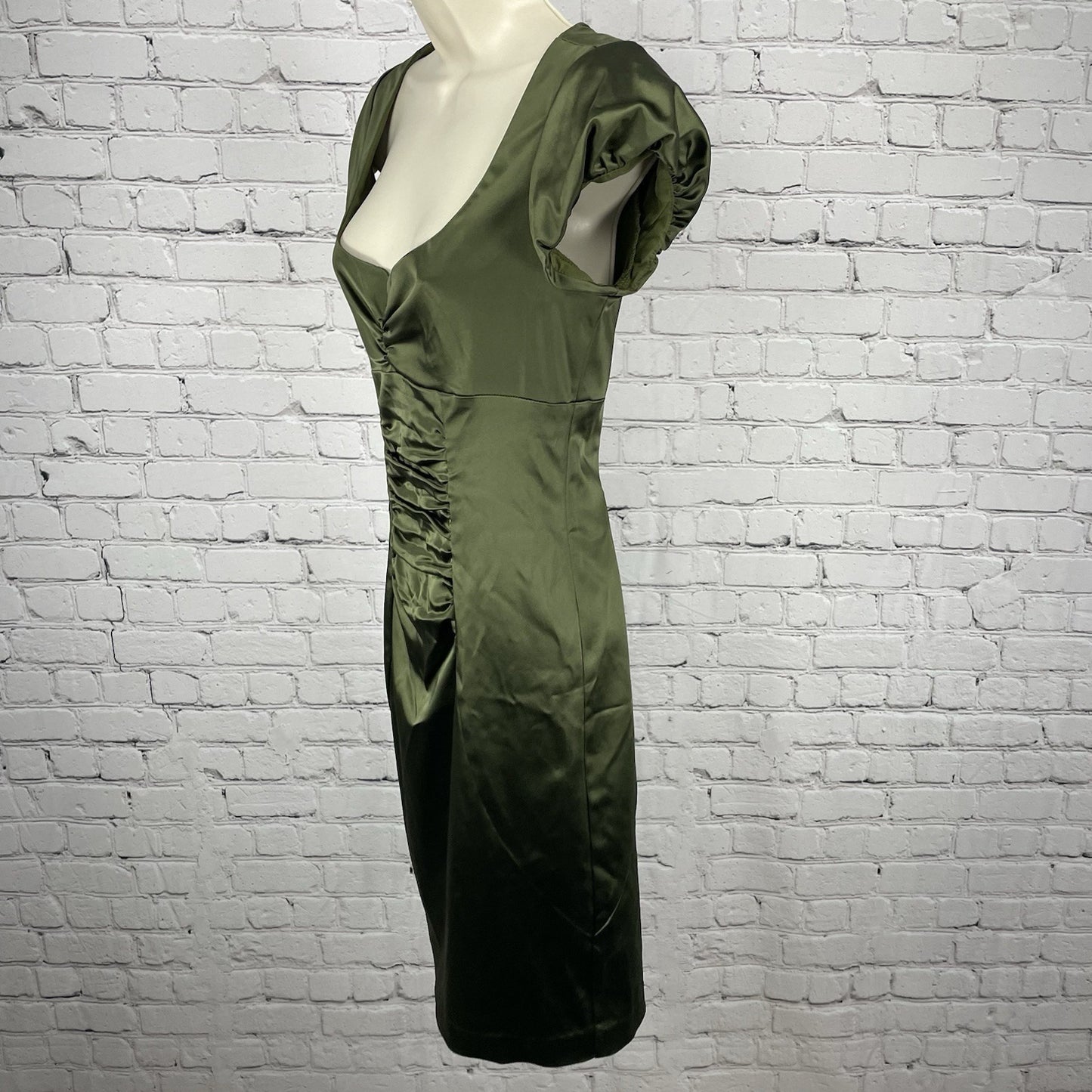 VTG Nicole Miller Green Satin Ruched Zipped Lined Pencil Dress USA Made Size 6