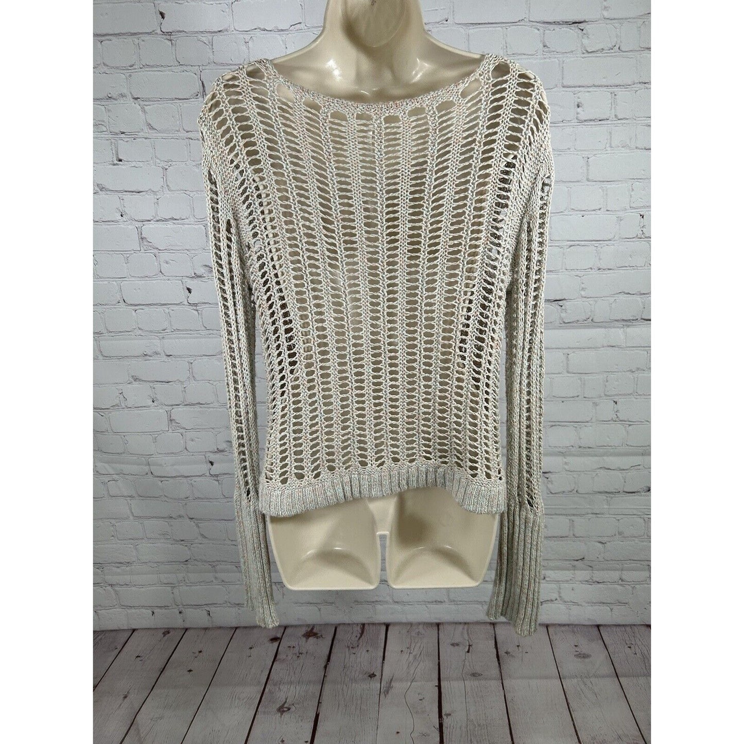 Free People Goccia Beige Multicolor Crop Cotton Linen Blend Open Knit Sweater S