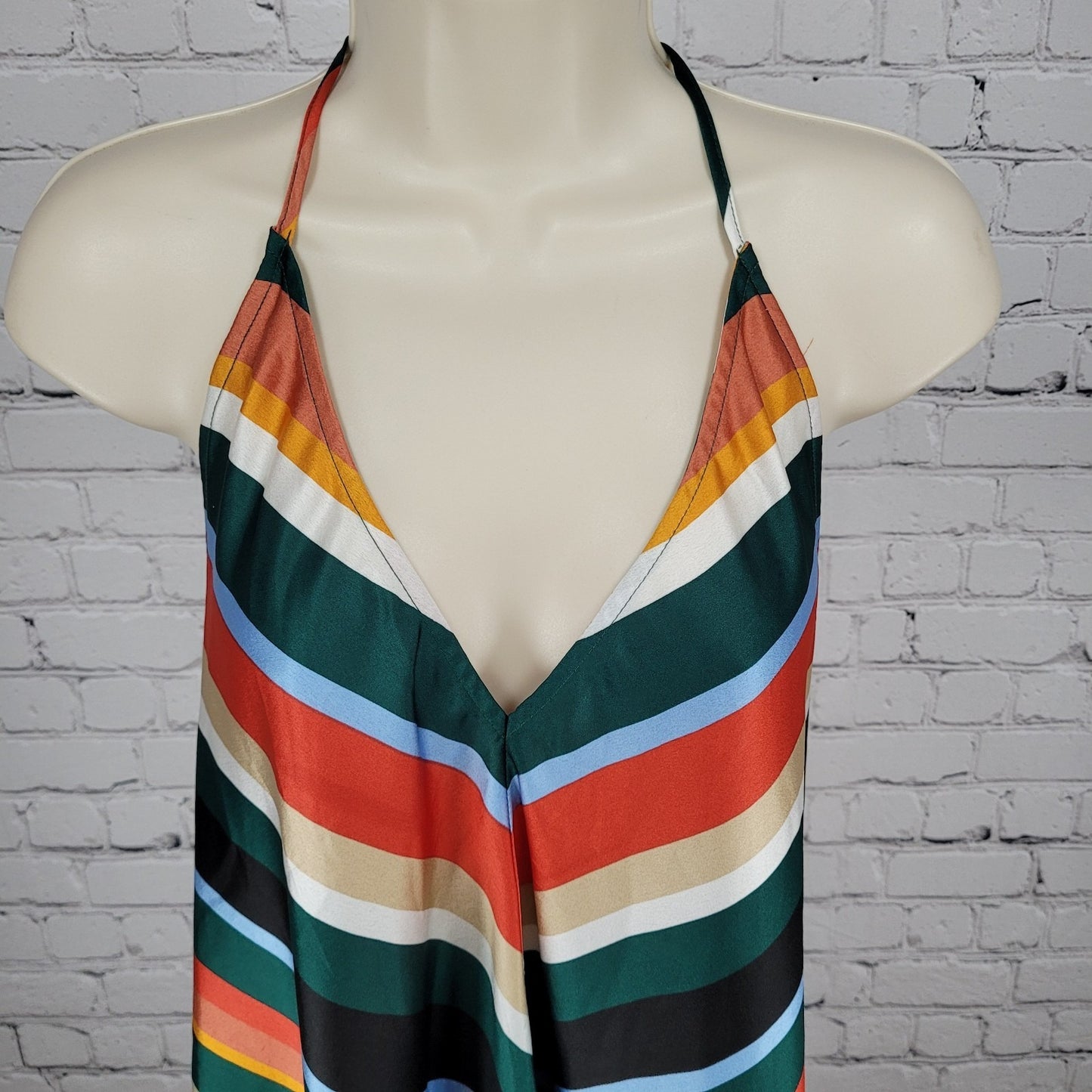Lulus Multicolor Striped Silky Satin V-Neck Halter Tie Backless Dress Medium M
