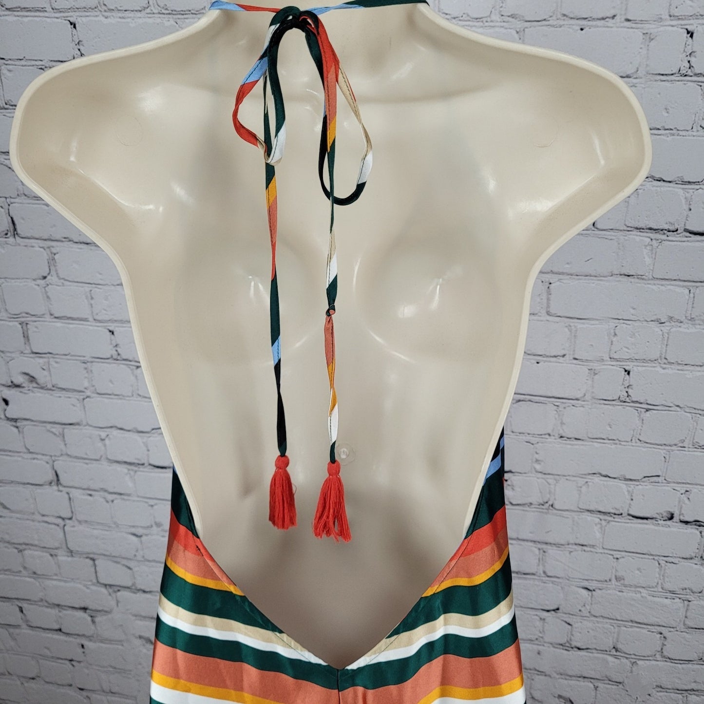 Lulus Multicolor Striped Silky Satin V-Neck Halter Tie Backless Dress Medium M