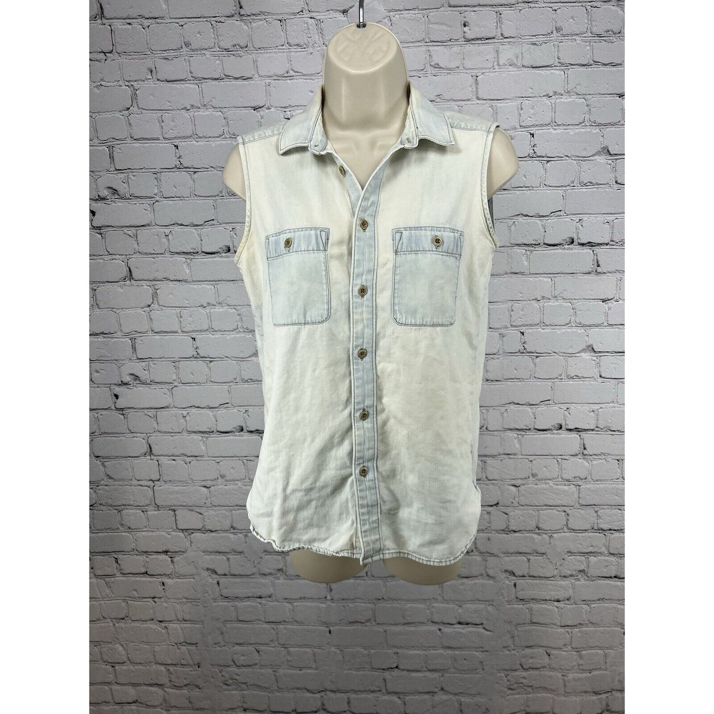 Madewell Distressed Sleeveless Light Wash Denim Button Up Collared Top Women XS