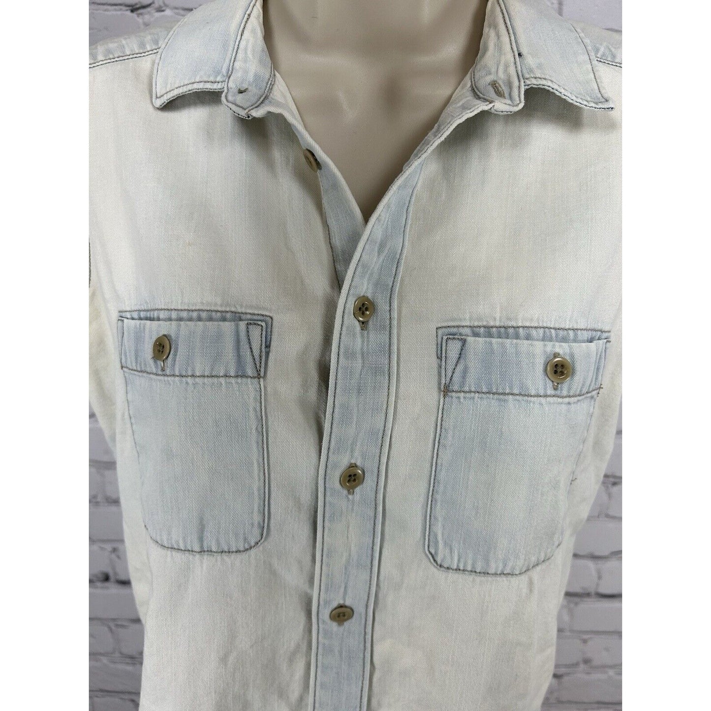 Madewell Distressed Sleeveless Light Wash Denim Button Up Collared Top Women XS