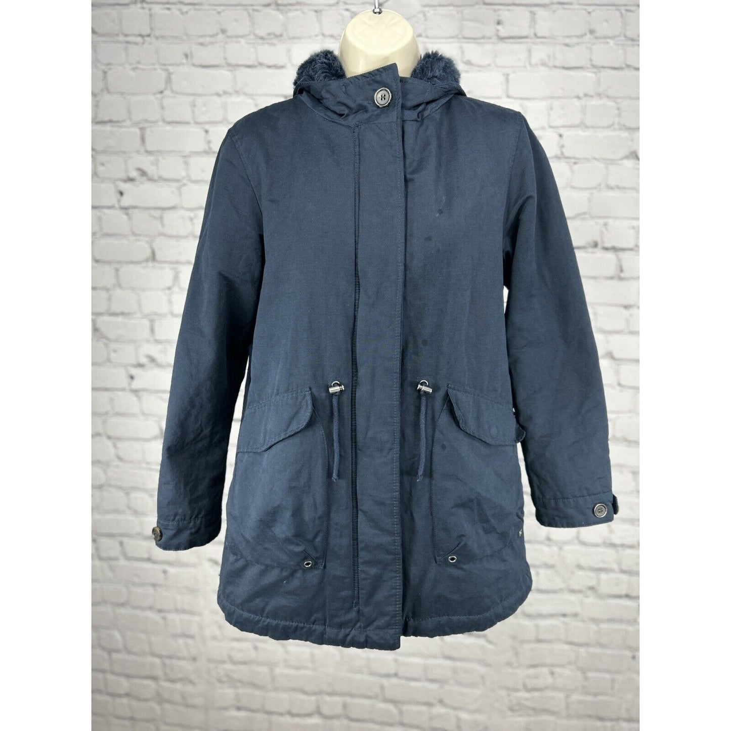 Zara Girls Dark Blue Faux Fur Lined Hooded Coat Zippered Jacket Girls Size 13/14