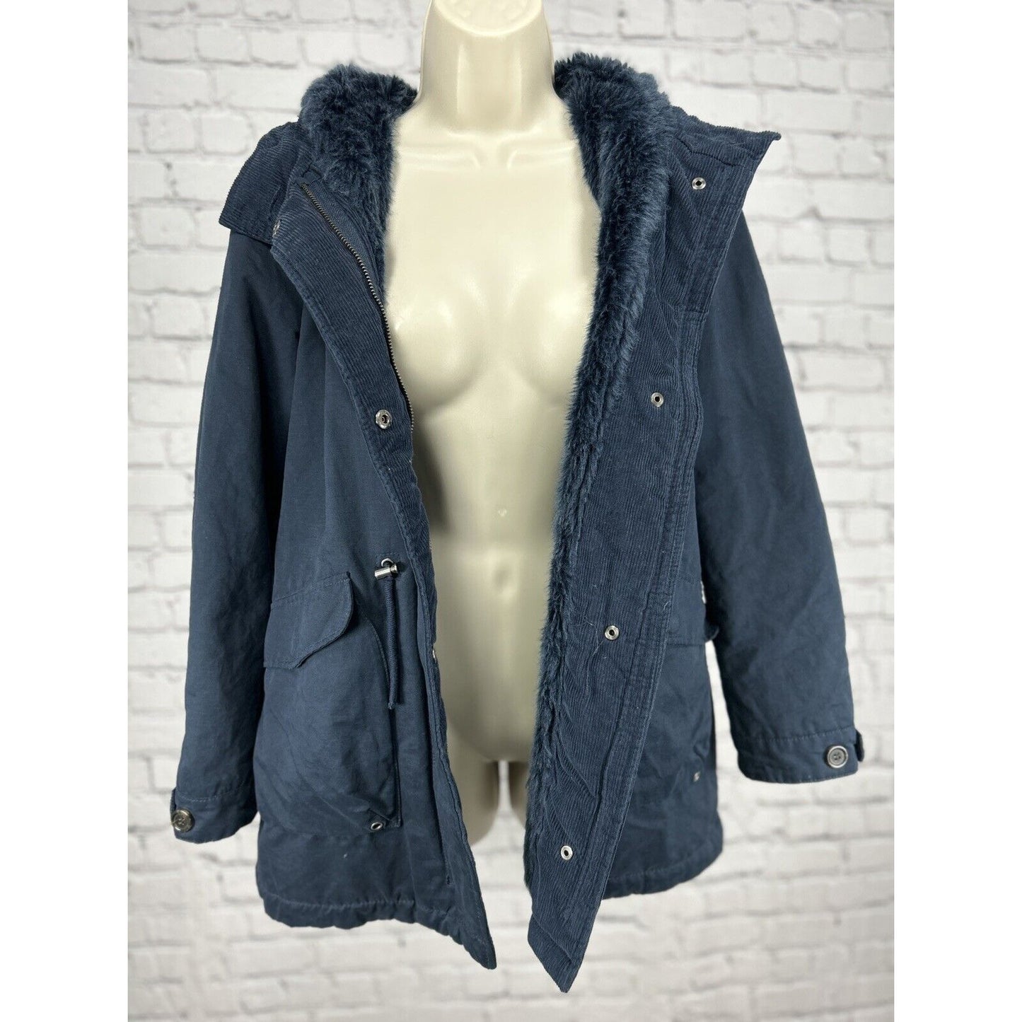 Zara Girls Dark Blue Faux Fur Lined Hooded Coat Zippered Jacket Girls Size 13/14