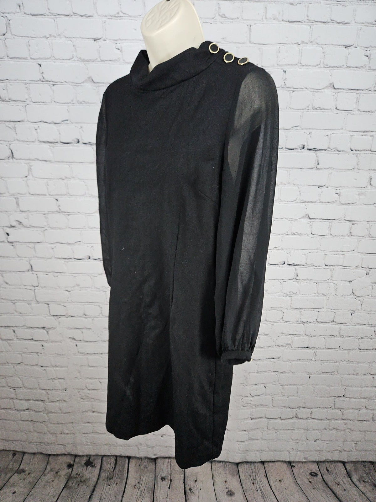 NWD Talbots Petite Black Funnel Neck Sheer Sleeve Button Shoulder Shift Dress 8P