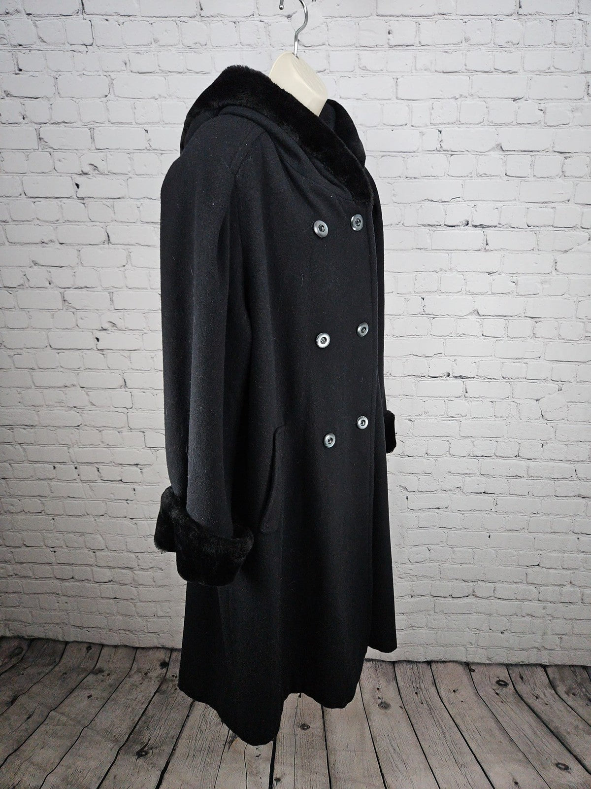 VTG Charles Klein Black 100% Wool Faux Fur Hooded Double Breasted Coat 20WP