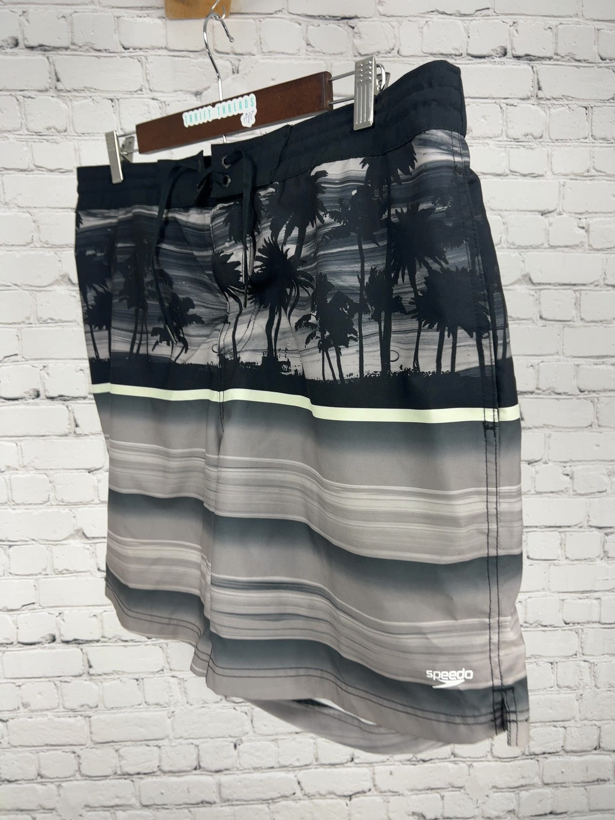 Speedo Black Gray Palm Tree Striped Lined Swim Trunks Board Shorts XL