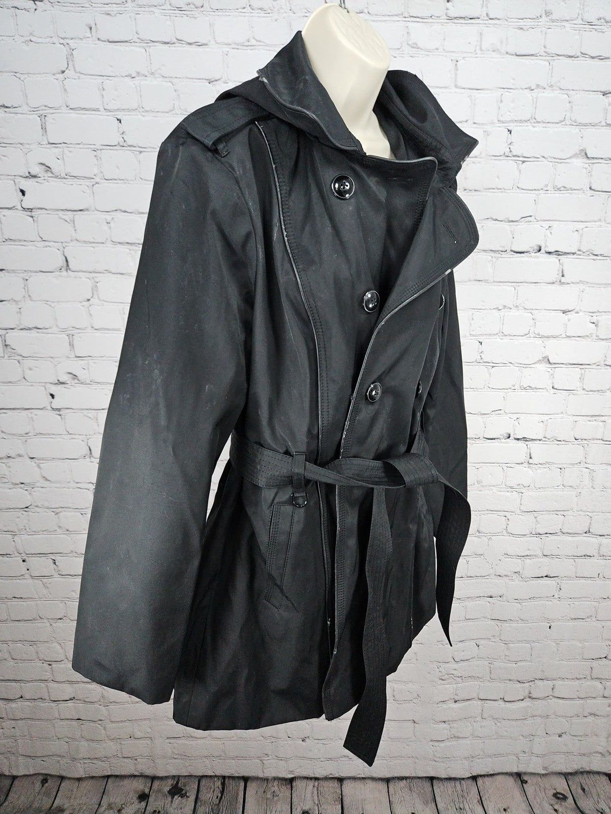 Worthington Black Hooded Double Breasted Belted Trench Coat Women's XL