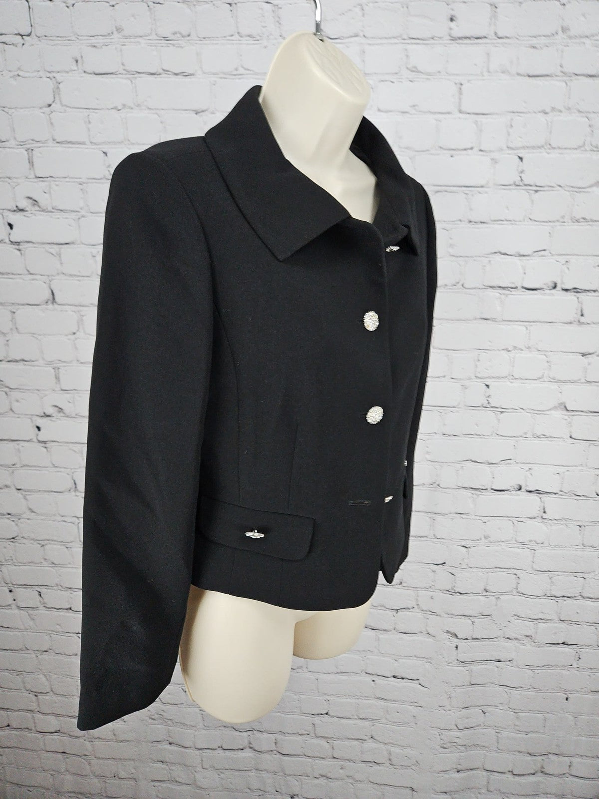 Tahari Arthur S Levine Black Rhinestone Button Cropped Collared Jacket 6P
