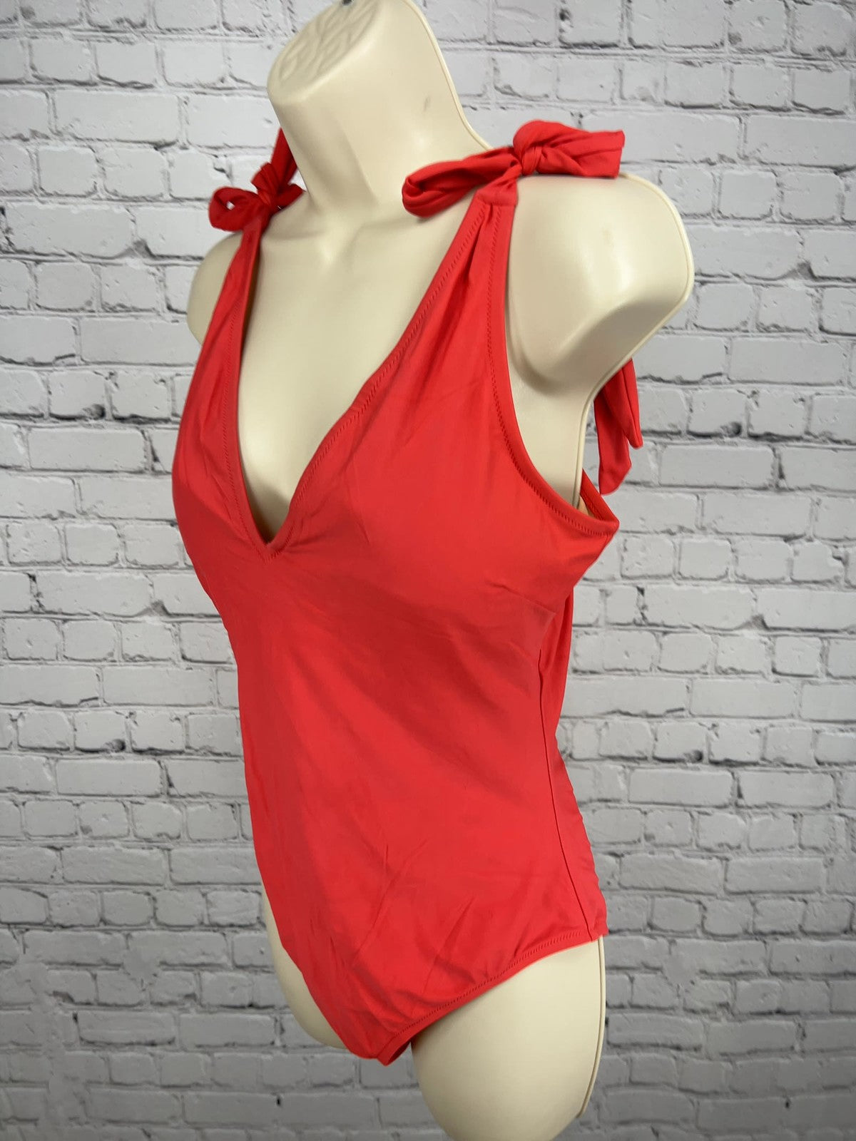 J.Crew Red Deep V Neck Tie Shoulder Lined One Piece Swimsuit Bathing Suit Size L