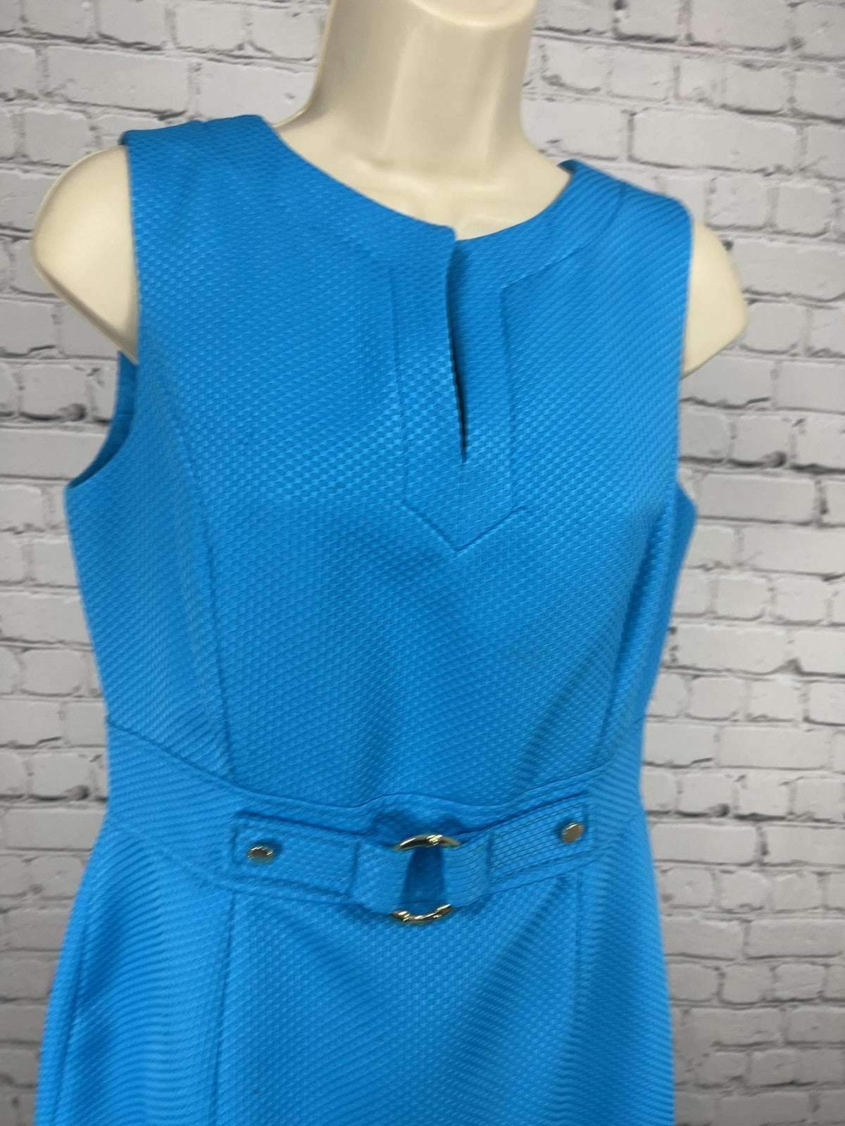 Tahari ASL Blue Textured Sleeveless Gold Ring Belt Lined Sheath Dress 6