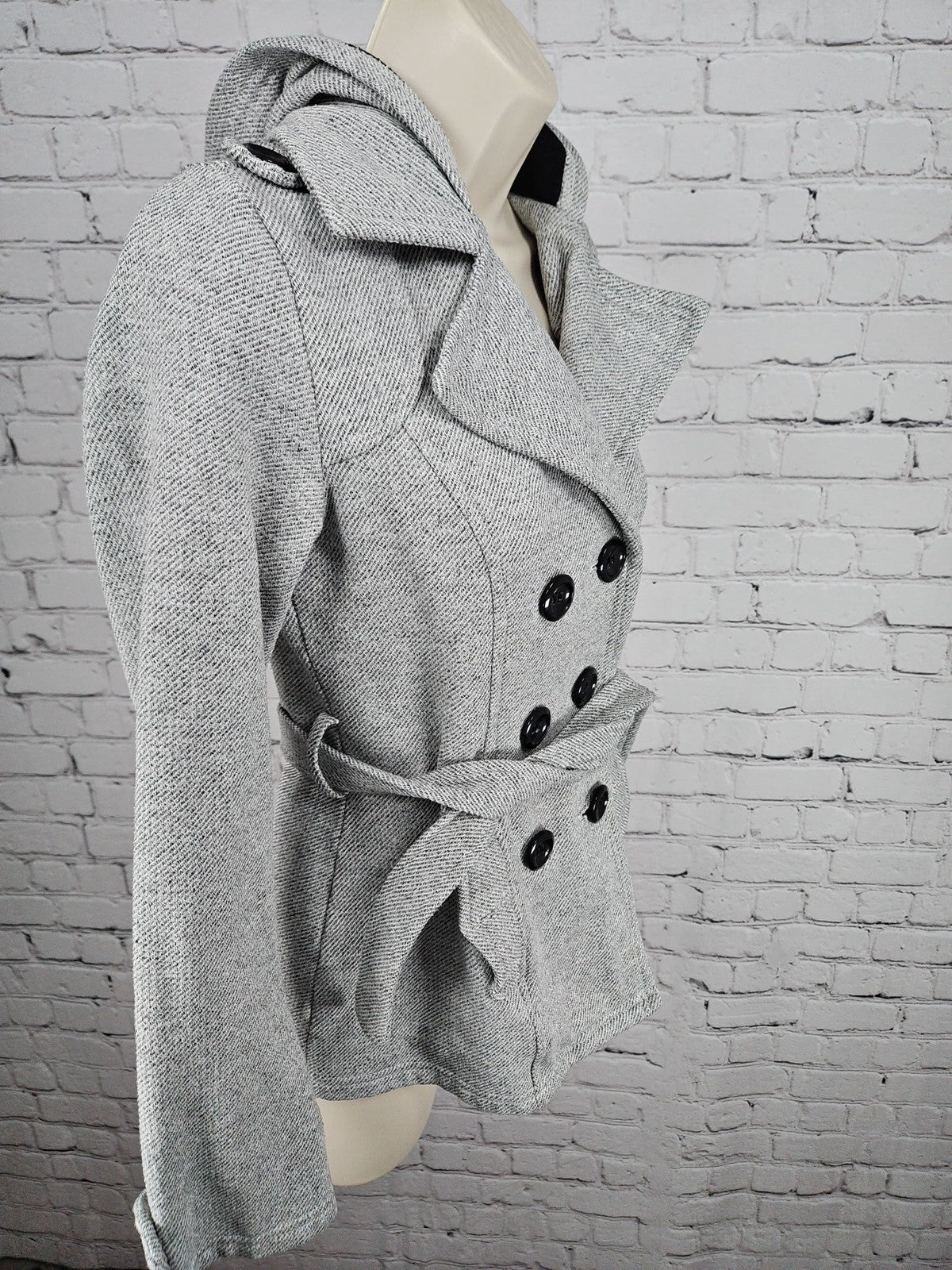 Sebby Gray Hooded Double Breasted Belted Women's Peacoat Jacket S