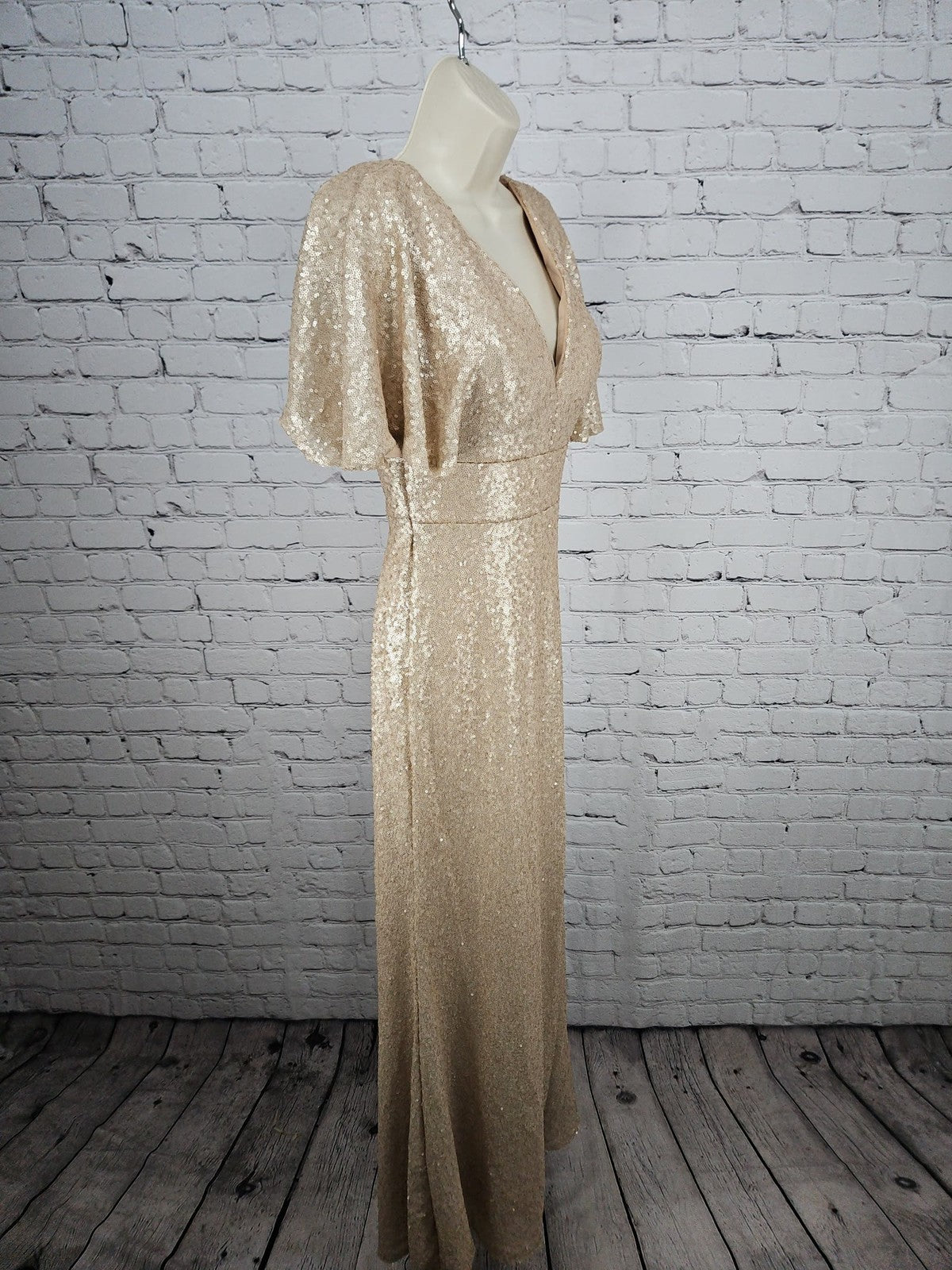 Christina Wu Celebration Rose Matte Sequin Flutter Sleeve V Neck Maxi Dress 6