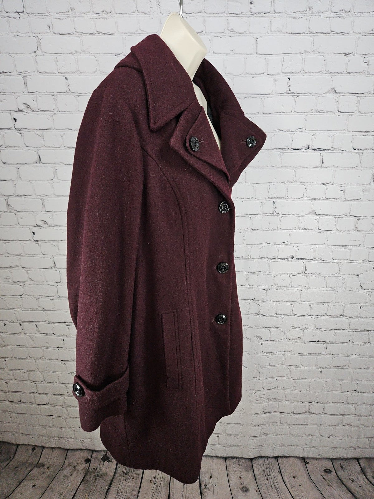 London Fog Burgundy Wool Blend Hooded Button Front Walker Coat Women's XXL