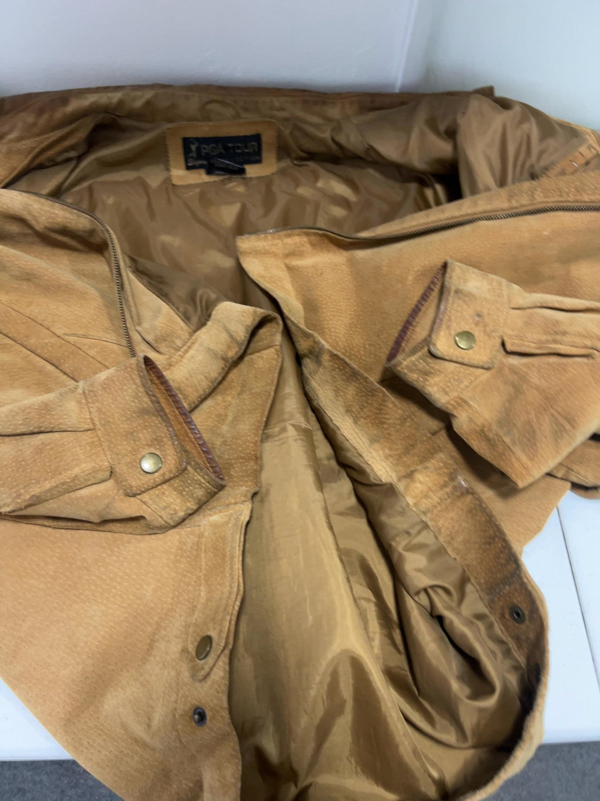 VTG PGA Tour Signature Collection Tan Suede Leather Full Zip Bomber Jacket XL