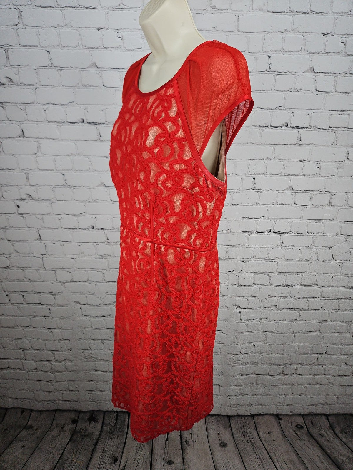 Adrianna Papell Red Lace Illusion Mesh Cap Sleeve Lined Sheath Dress 12