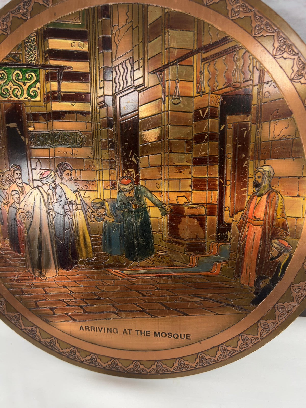 VTG El-Shami Arriving At The Mosque Copper Wall Plate Handmade Egypt 12 In