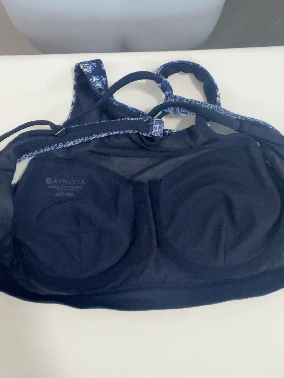 Athleta Navy Medallion High Neck Crisscross Underwire Bikini Top 32D/DD