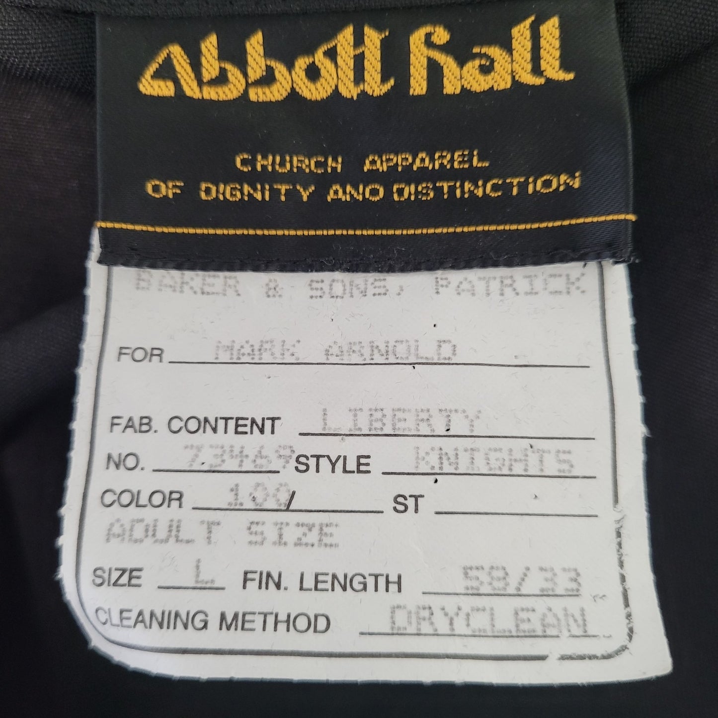 Abbott Hall Black Church Religious Clergy Vestment Knights Cloak Size Large L