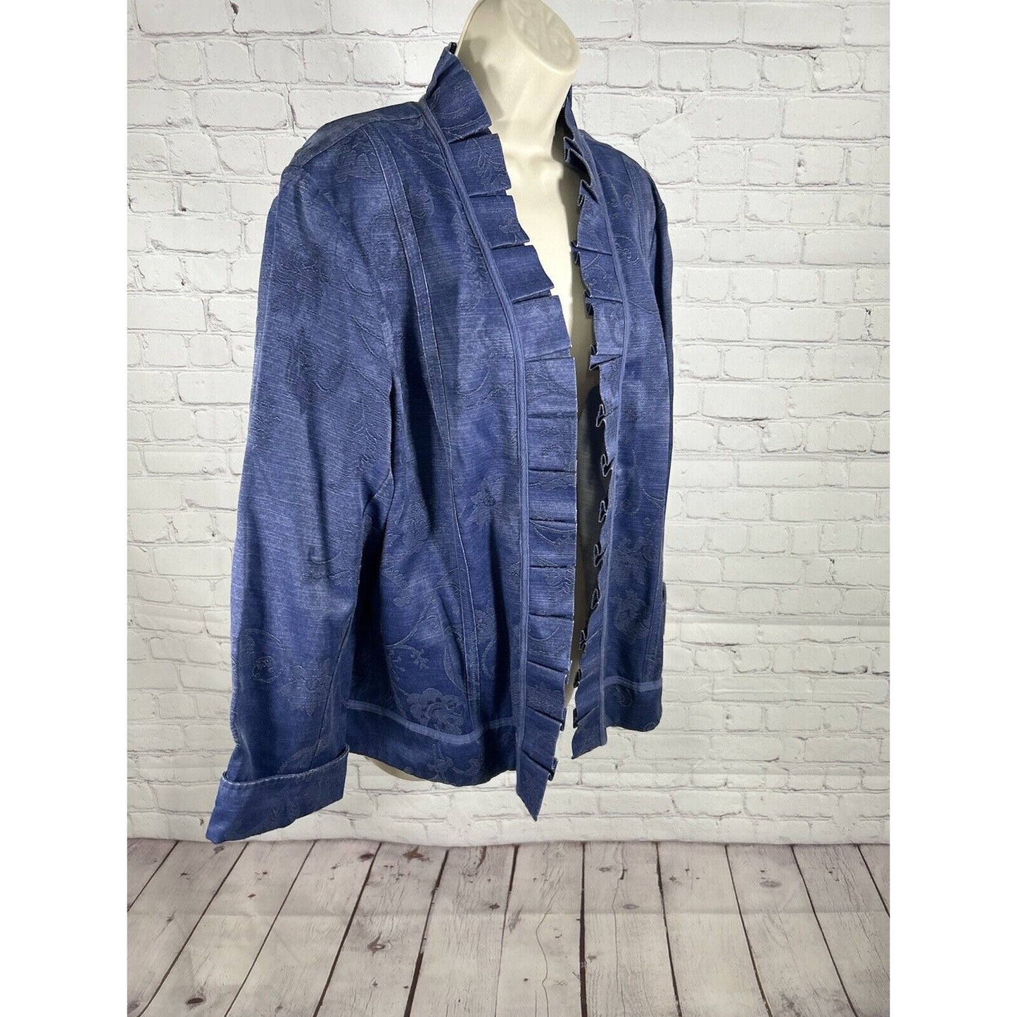 Chico's Open Front Blazer Jacket Blue Cotton Blend Floral Ruffle Women’s Size S
