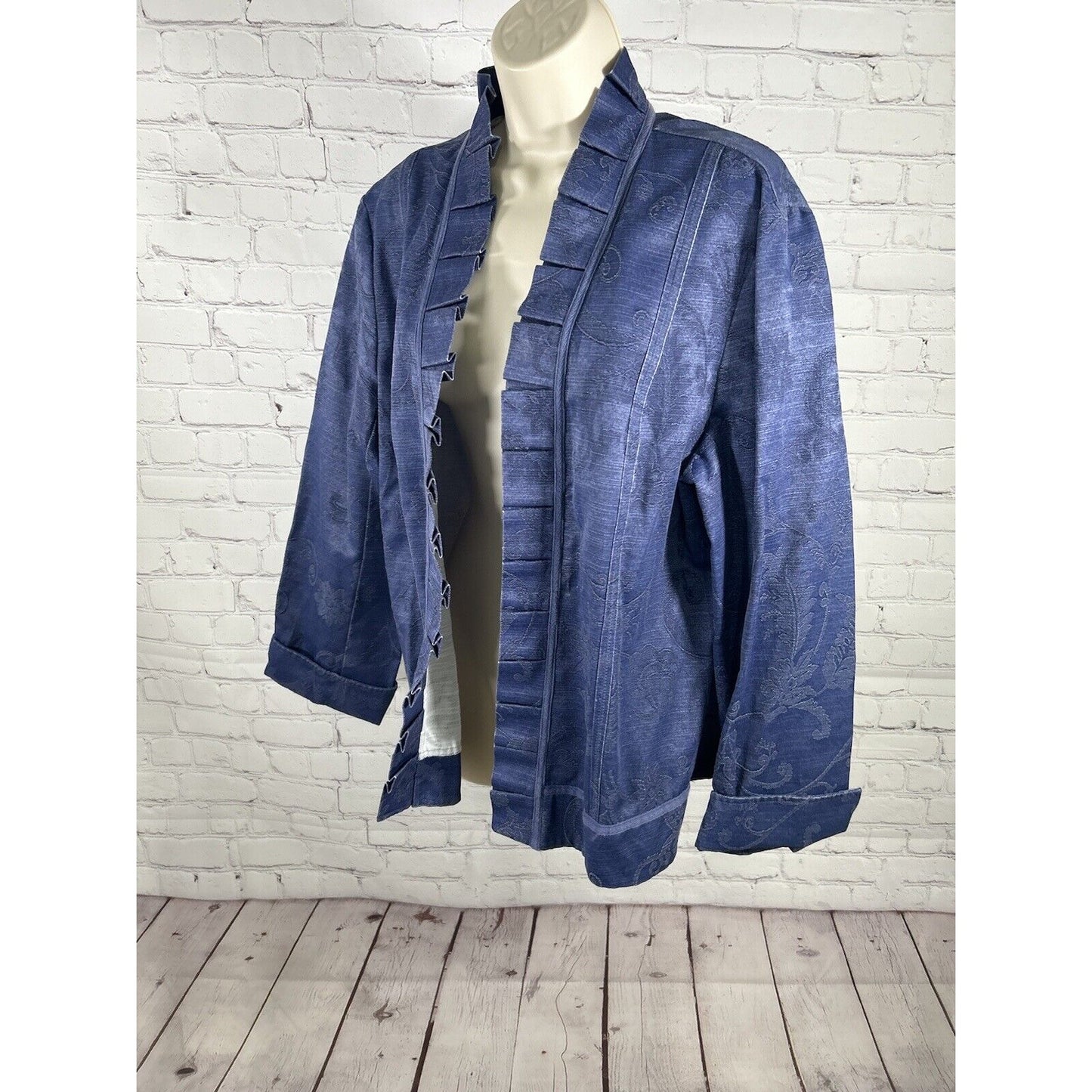 Chico's Open Front Blazer Jacket Blue Cotton Blend Floral Ruffle Women’s Size S