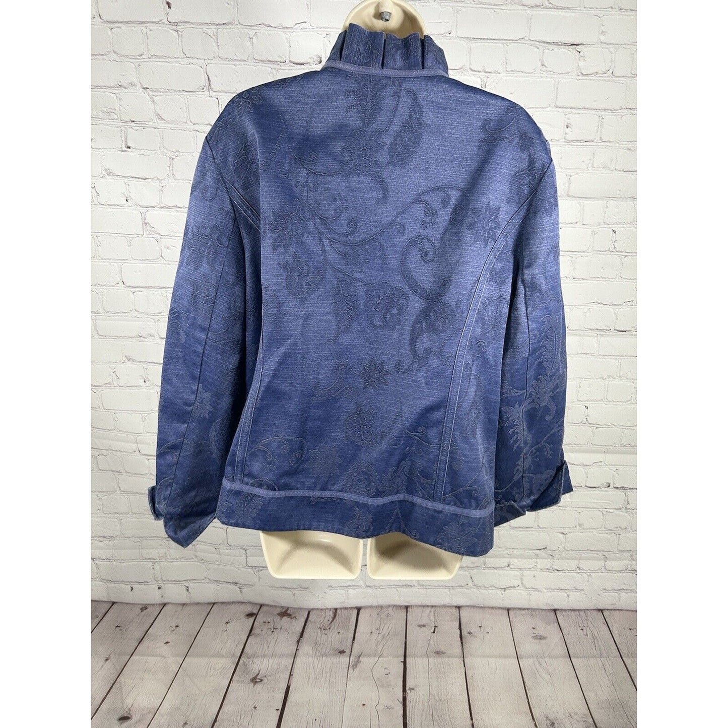 Chico's Open Front Blazer Jacket Blue Cotton Blend Floral Ruffle Women’s Size S