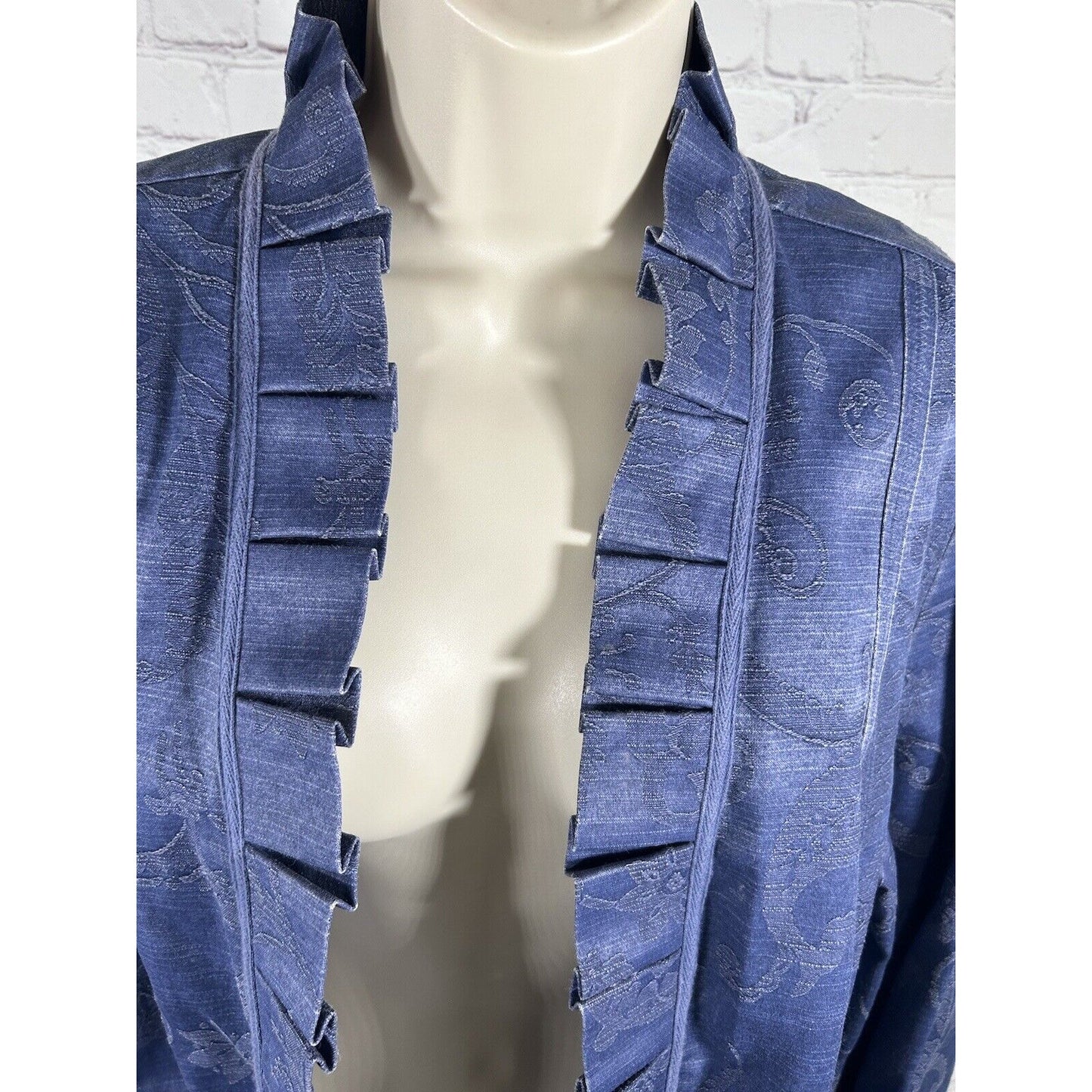 Chico's Open Front Blazer Jacket Blue Cotton Blend Floral Ruffle Women’s Size S