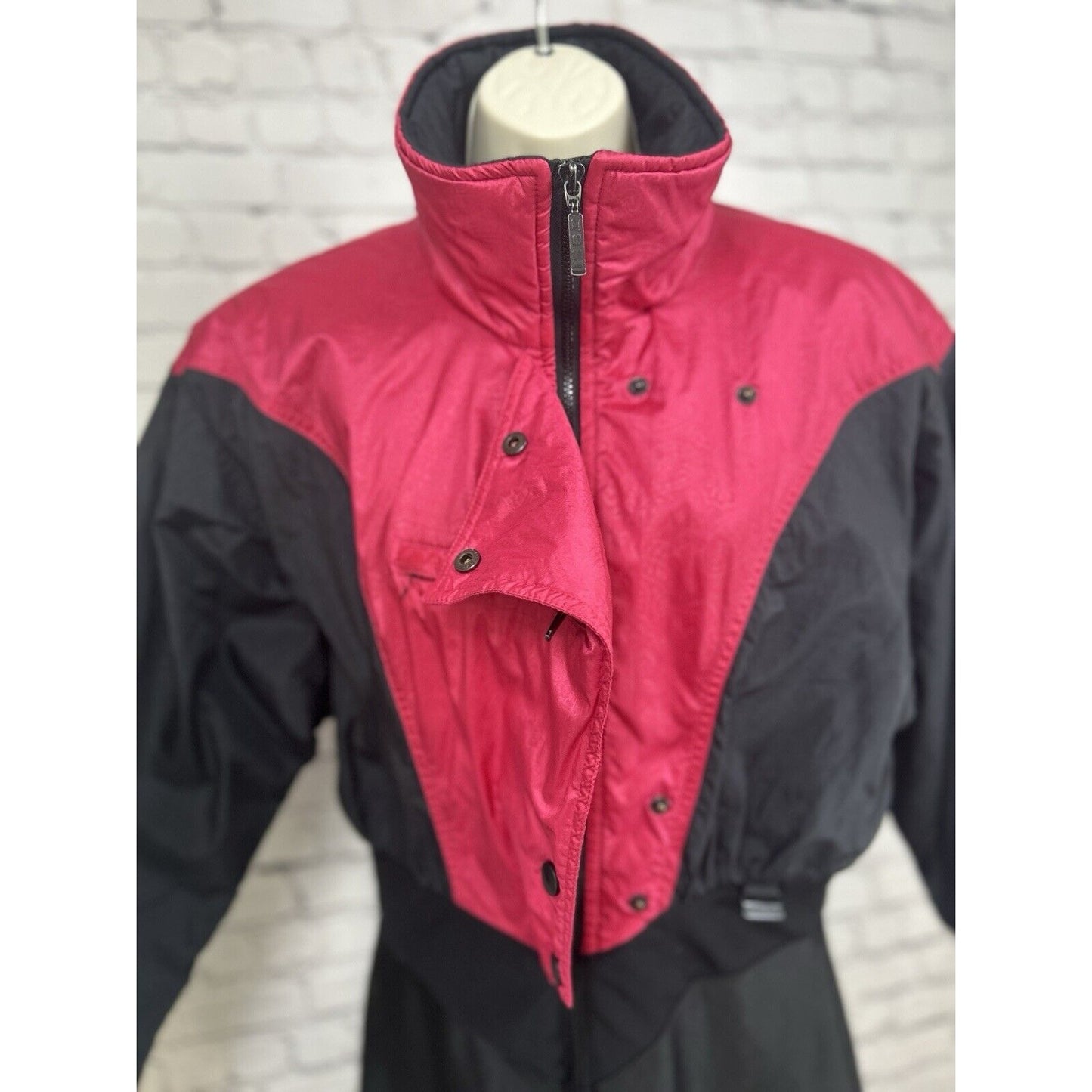 VTG Ossi Skiwear Black Pink Zip Up Button Wool Blend Skisuit Womens Size 14
