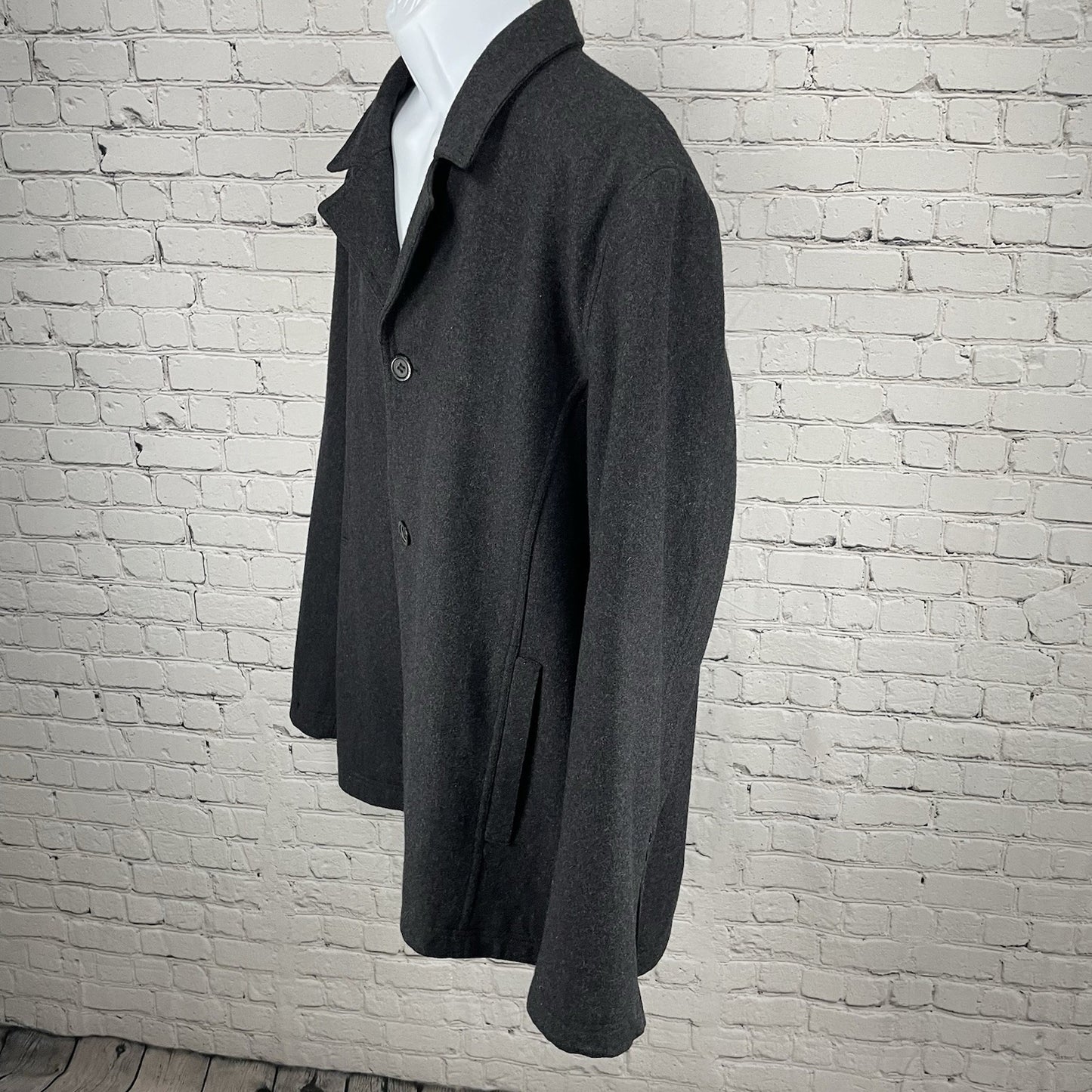 Black Rivet Dark Grey Wool Blend Buttoned Collared Lined Coat Pockets Size XXL