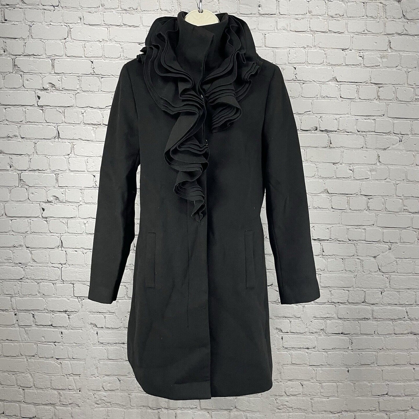 Tahari Black Button Up Layered Lapel Collar Lined Long Overcoat Size Medium M