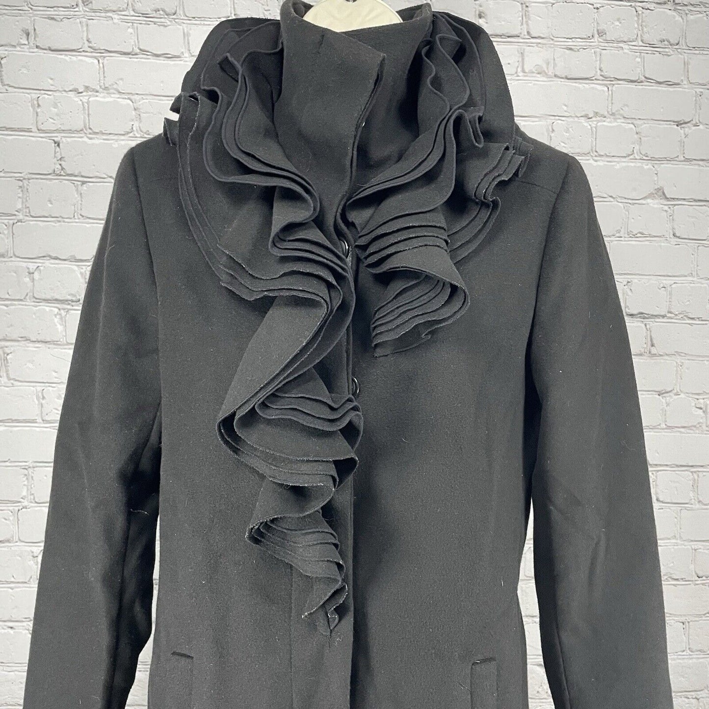 Tahari Black Button Up Layered Lapel Collar Lined Long Overcoat Size Medium M
