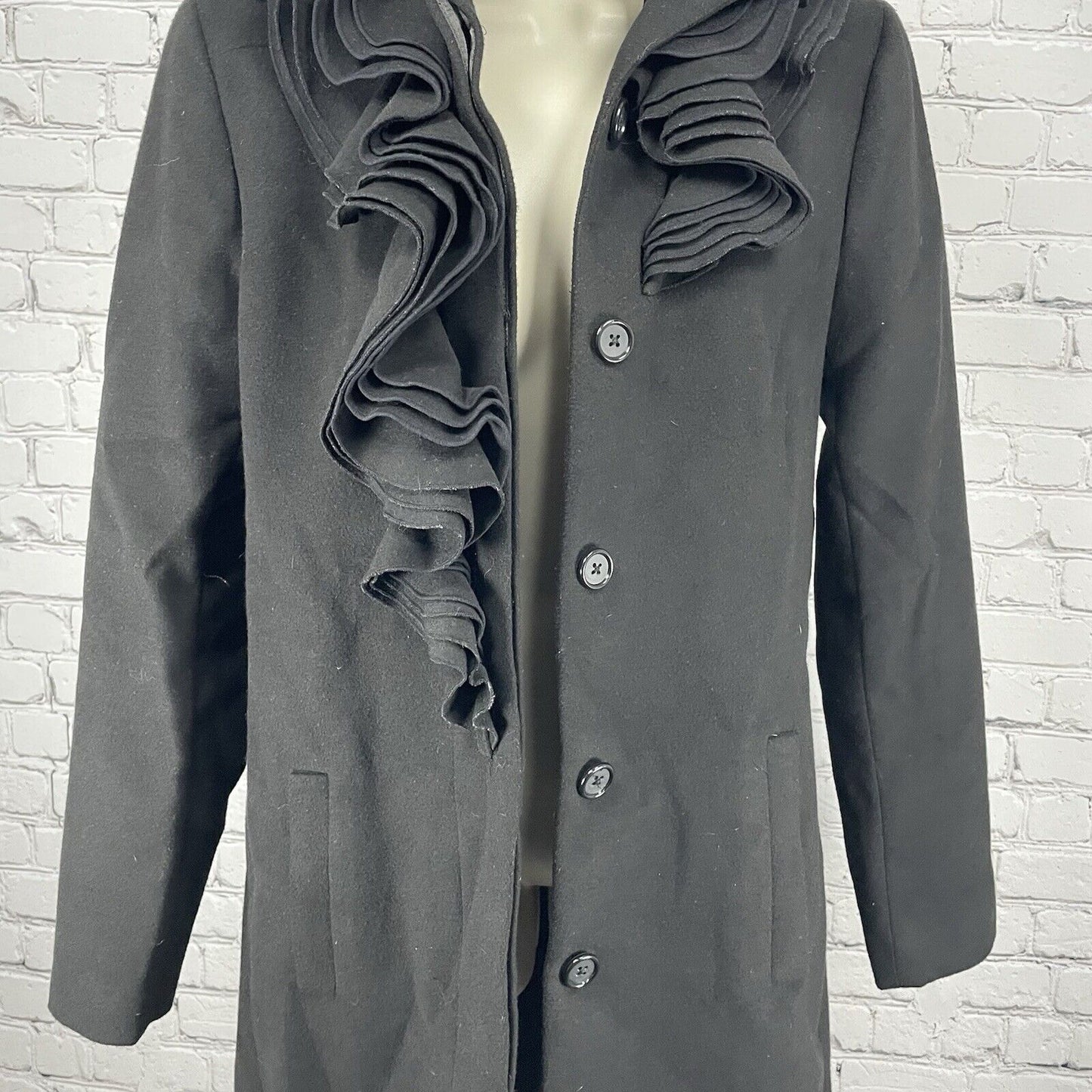 Tahari Black Button Up Layered Lapel Collar Lined Long Overcoat Size Medium M