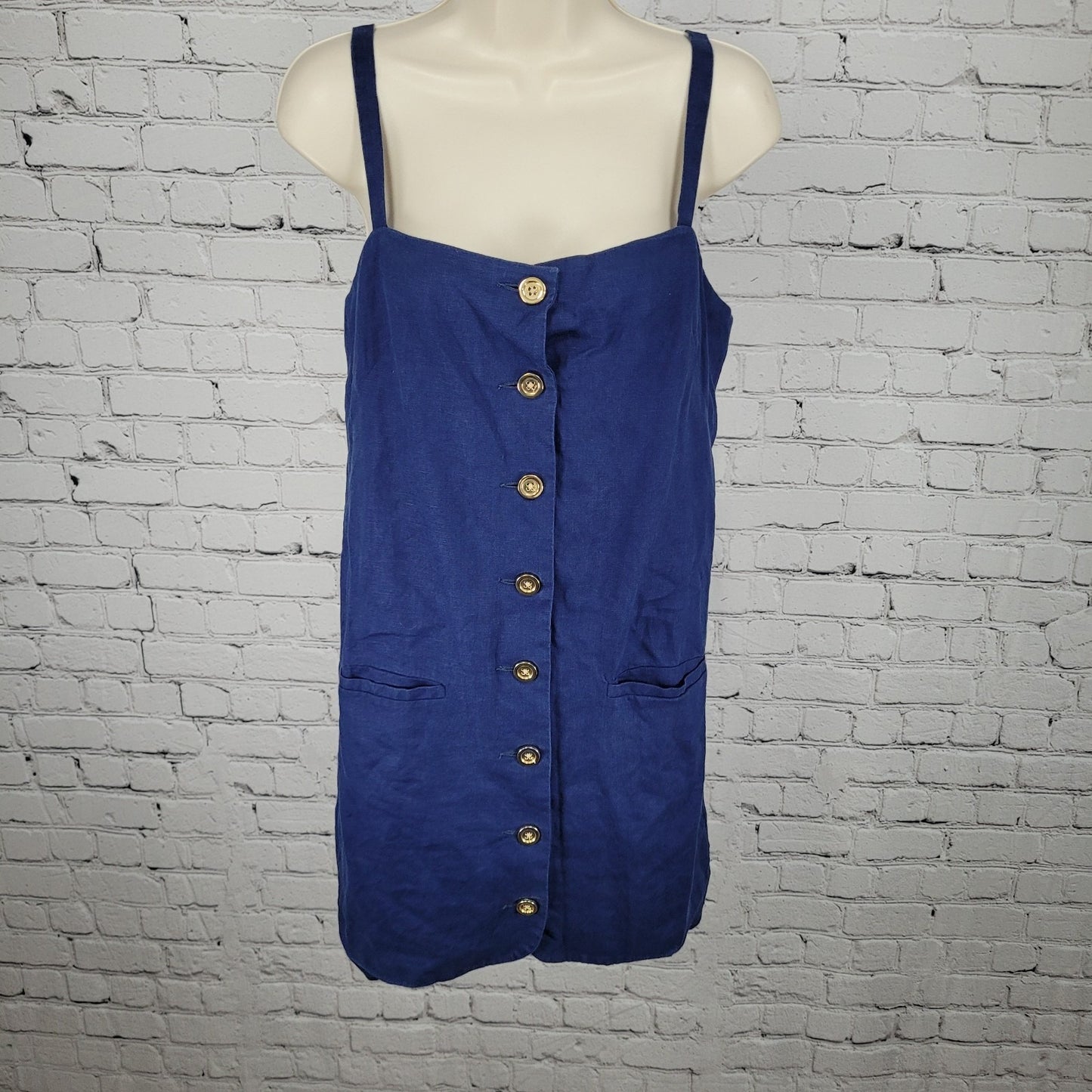 J.CREW Navy Claudia 100% Linen Gold Buttoned Pockets Lined Strappy Mini Dress XS