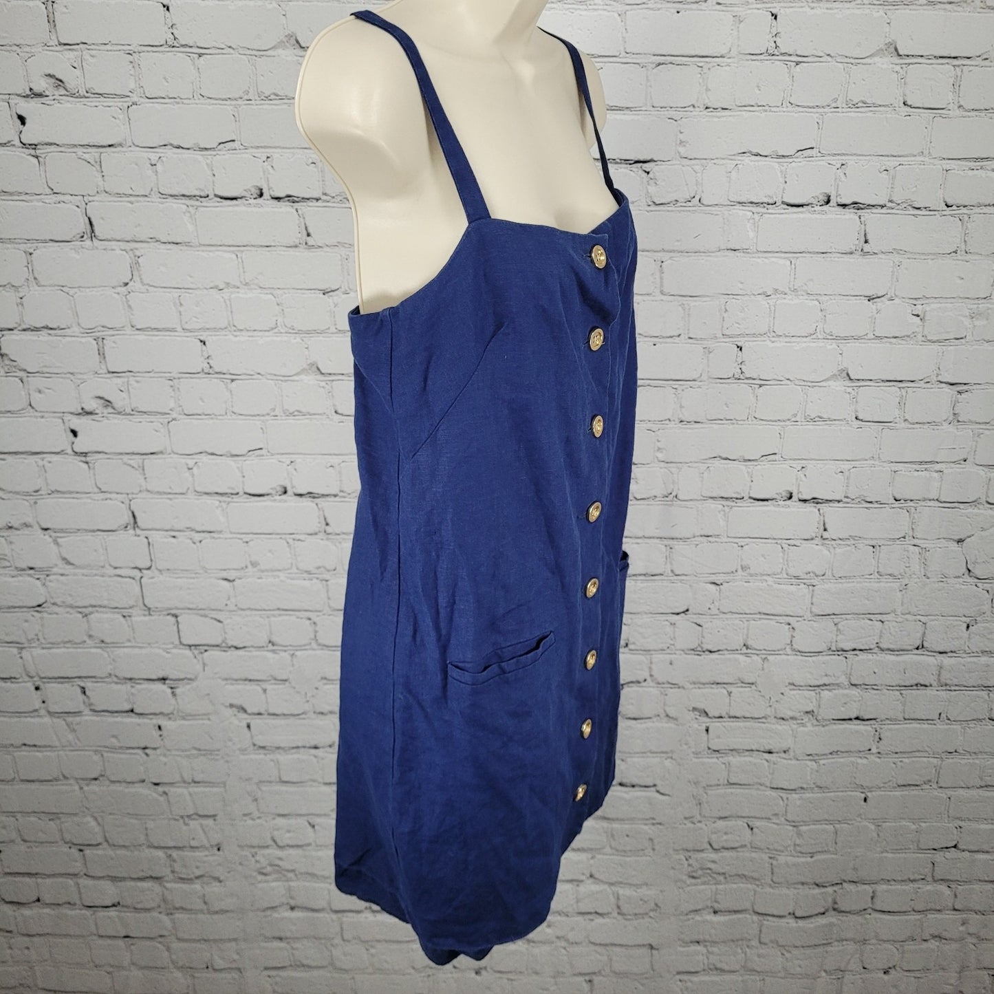 J.CREW Navy Claudia 100% Linen Gold Buttoned Pockets Lined Strappy Mini Dress XS