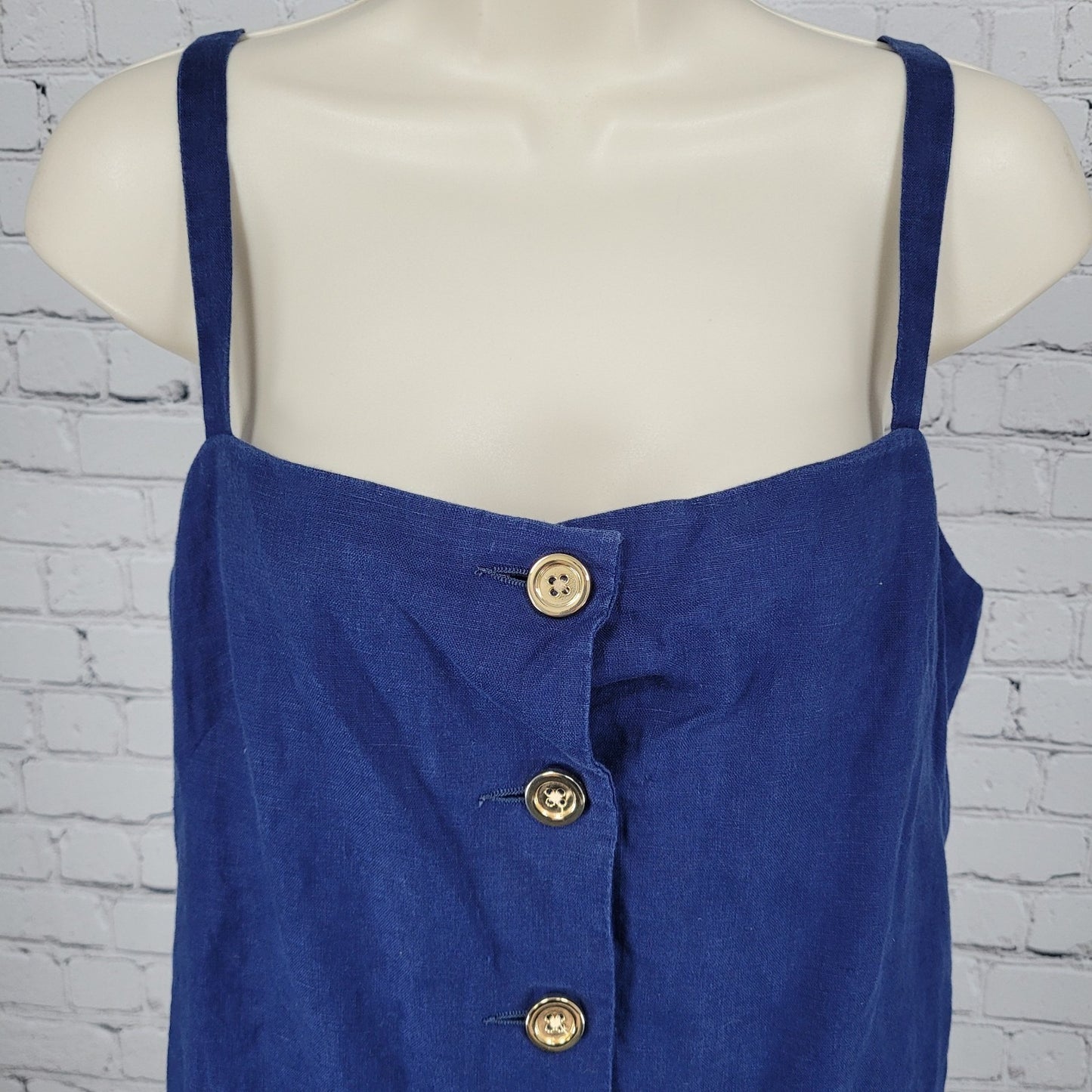 J.CREW Navy Claudia 100% Linen Gold Buttoned Pockets Lined Strappy Mini Dress XS
