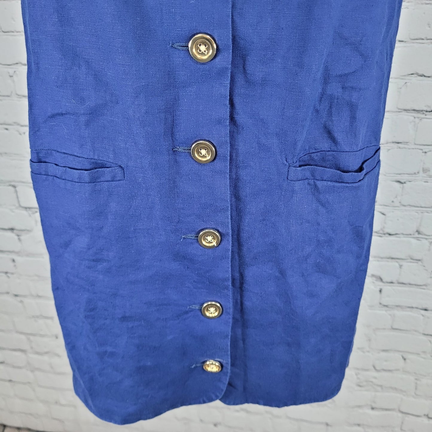 J.CREW Navy Claudia 100% Linen Gold Buttoned Pockets Lined Strappy Mini Dress XS