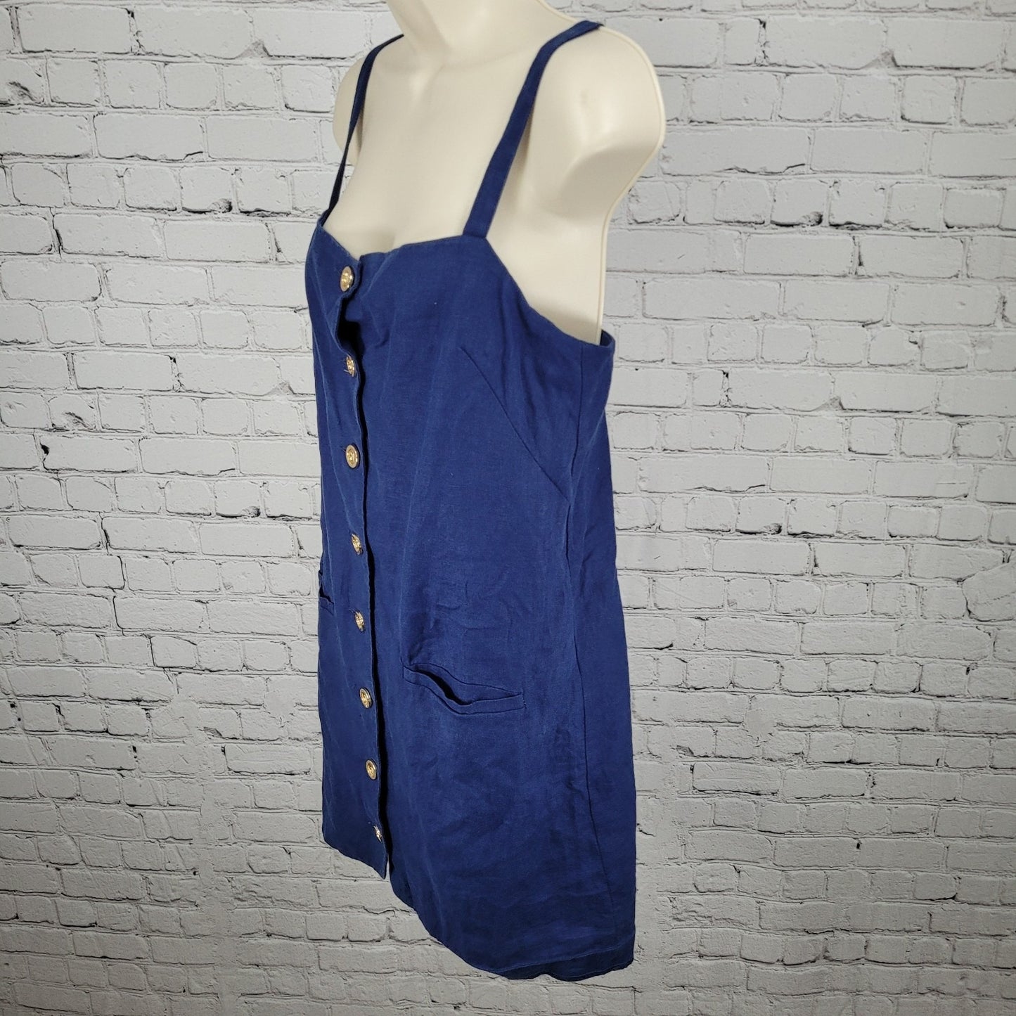 J.CREW Navy Claudia 100% Linen Gold Buttoned Pockets Lined Strappy Mini Dress XS