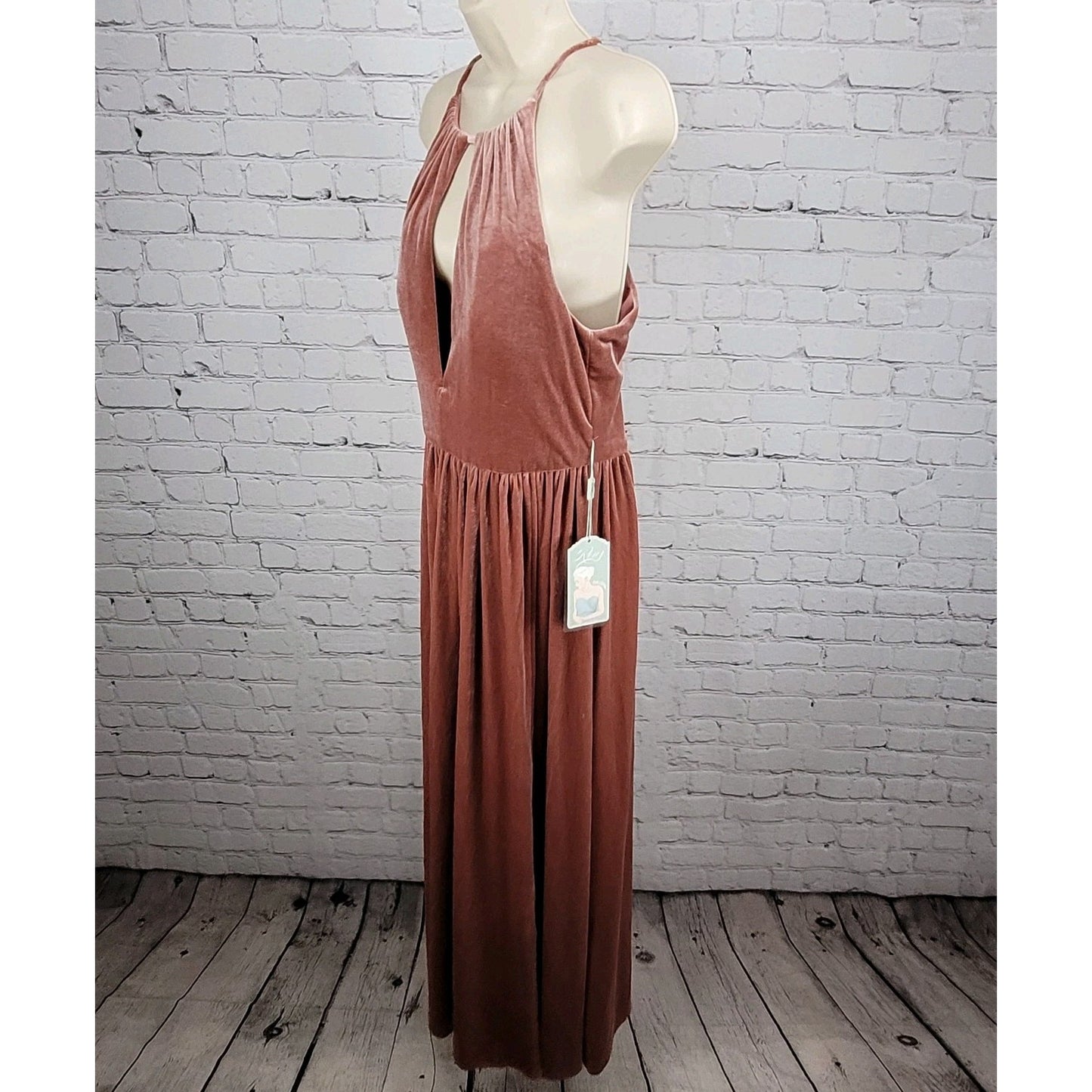 NWT Renz Bridal Pink Velvet Sleeveless Side Slit Bridesmaid Dress Size Small S