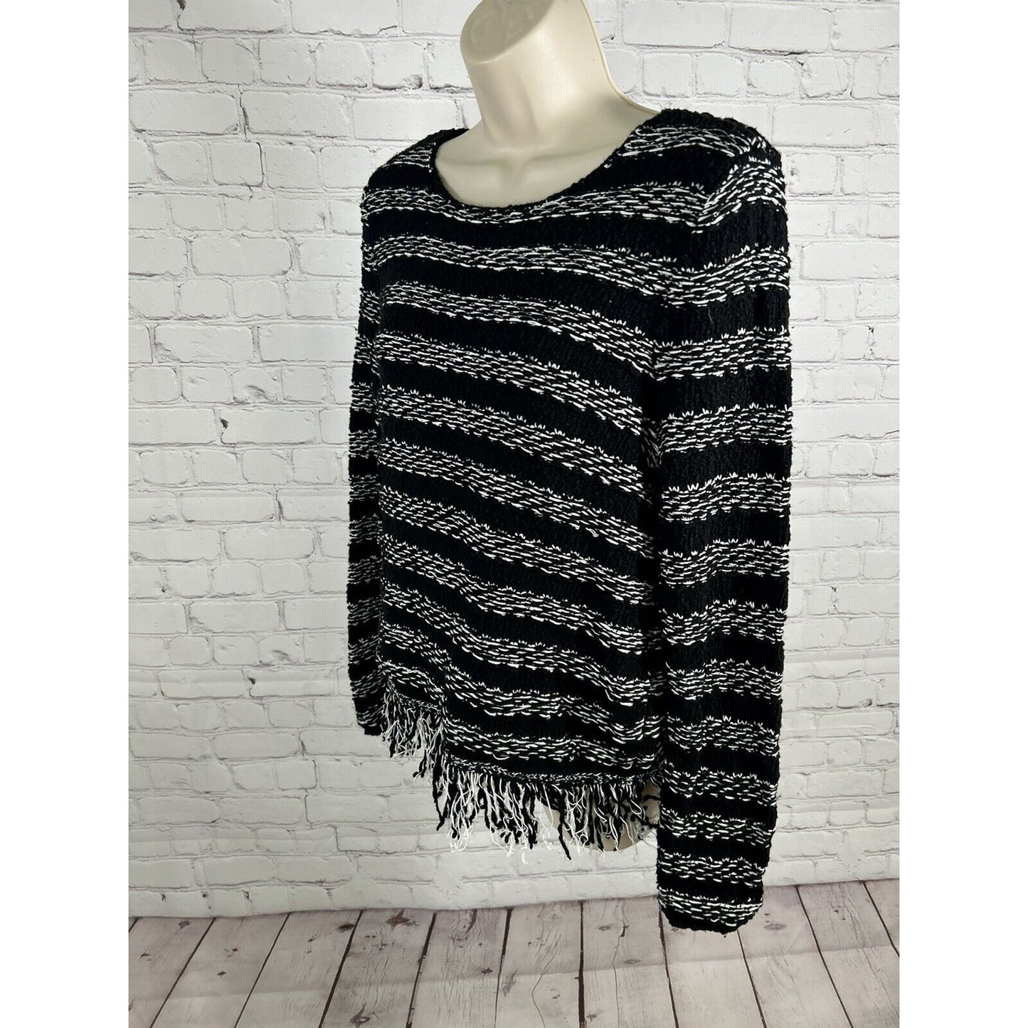 Chico's Black White Crochet Loose Weave Pullover Sweater Tassels Women’s Size S
