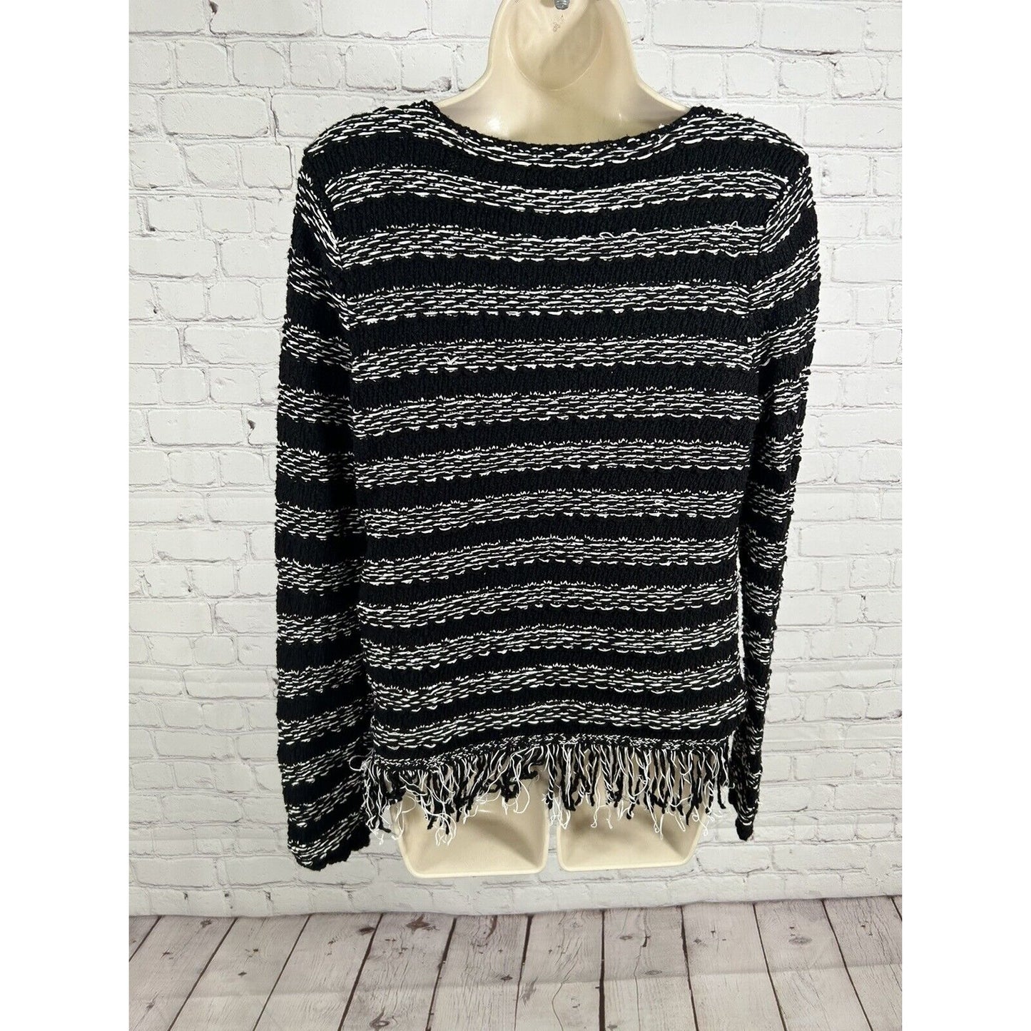Chico's Black White Crochet Loose Weave Pullover Sweater Tassels Women’s Size S